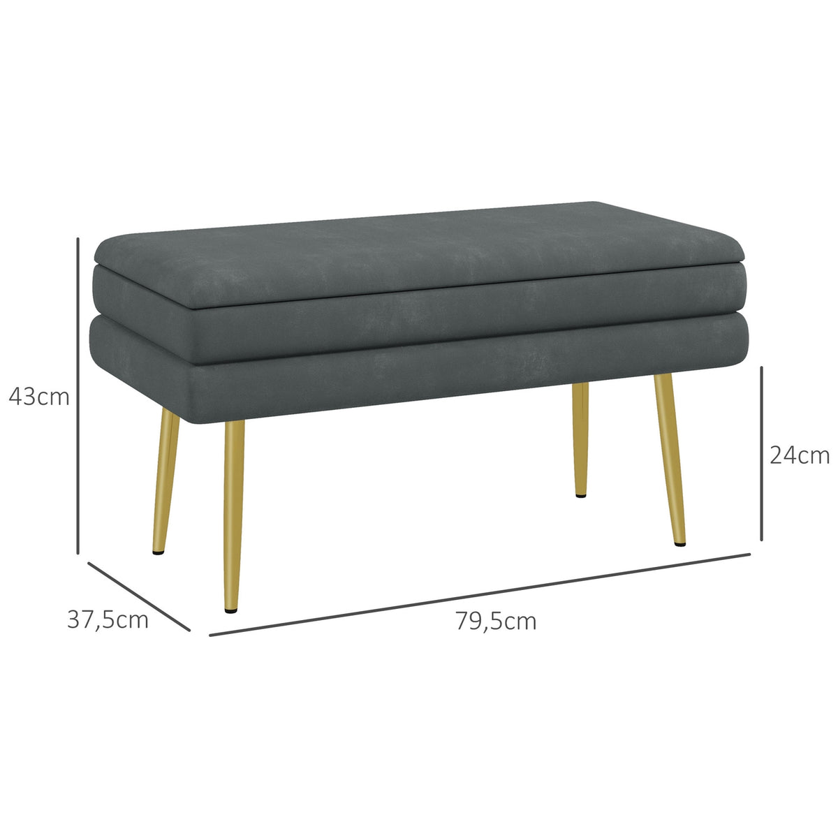 Bench Upholstered Bench Storage Space Velvet Look Bed Bench Steel Legs Shoe Bench Storage Bench Living Room Bedroom Gray 79.5X37.5X43Cm
