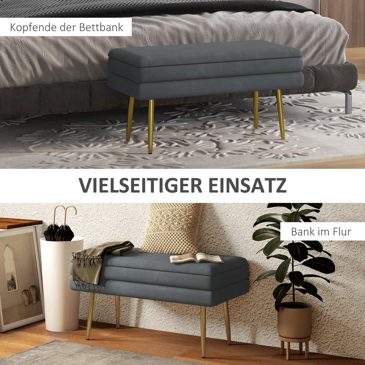 Bench Upholstered Bench Storage Space Velvet Look Bed Bench Steel Legs Shoe Bench Storage Bench Living Room Bedroom Gray 79.5X37.5X43Cm