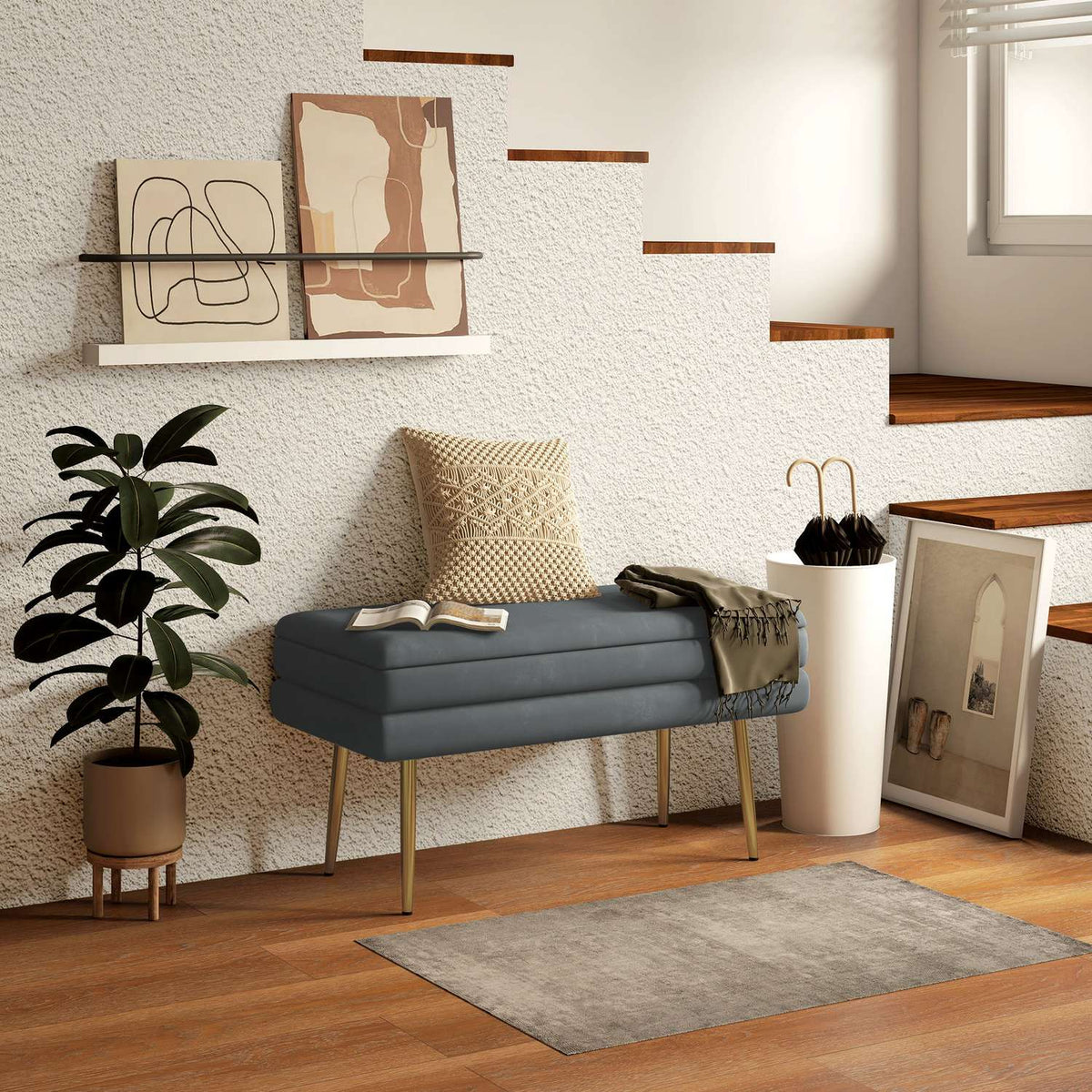 Bench Upholstered Bench Storage Space Velvet Look Bed Bench Steel Legs Shoe Bench Storage Bench Living Room Bedroom Gray 79.5X37.5X43Cm