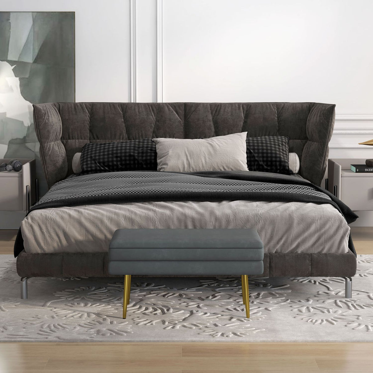 Bench Upholstered Bench Storage Space Velvet Look Bed Bench Steel Legs Shoe Bench Storage Bench Living Room Bedroom Gray 79.5X37.5X43Cm