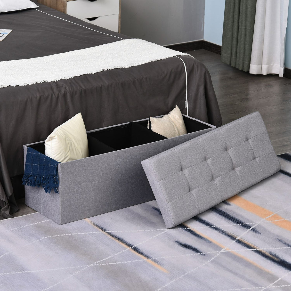 Bench Upholstered Bench With Storage Space And Divider, Foldable, Burlap, Gray, 110X38X38Cm