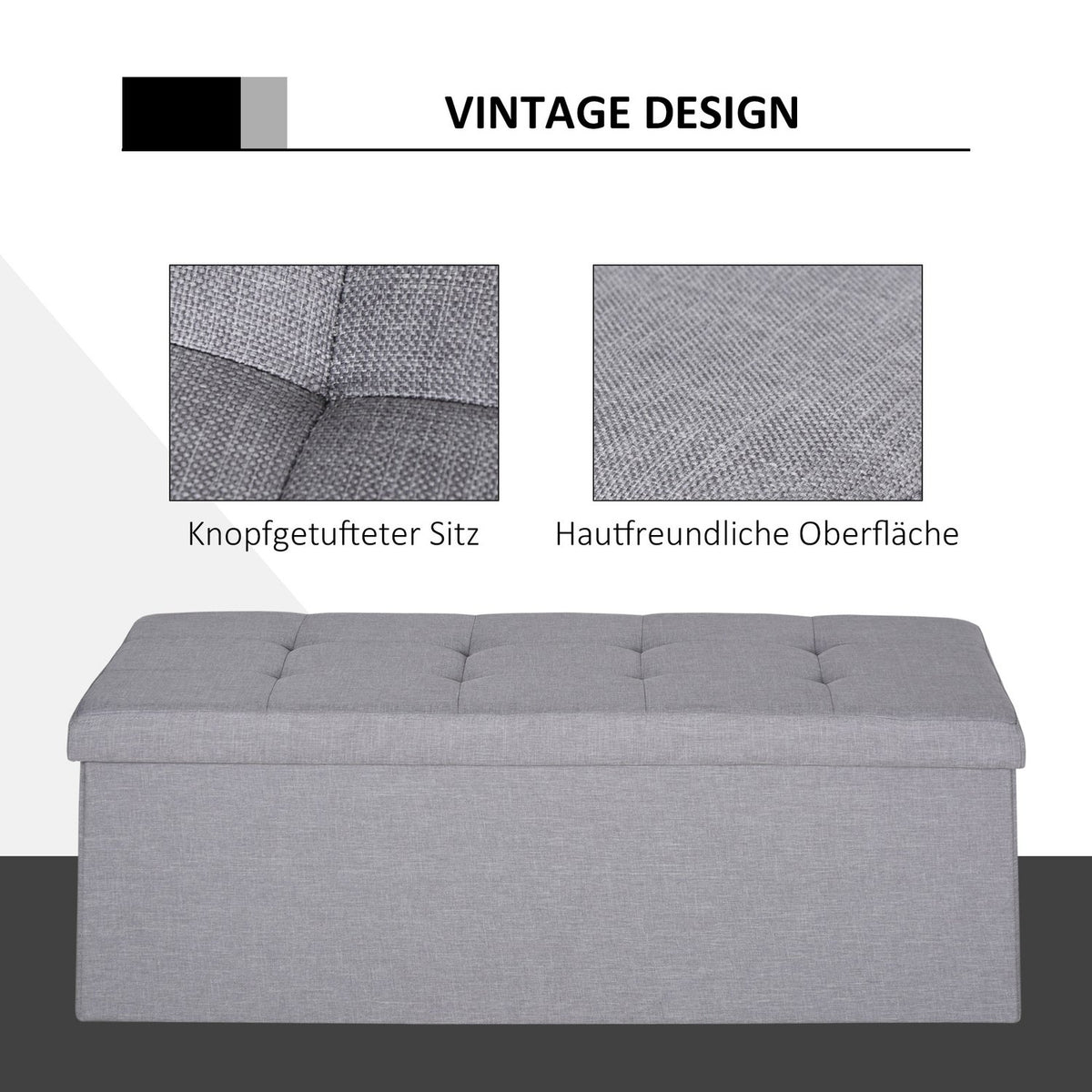 Bench Upholstered Bench With Storage Space And Divider, Foldable, Burlap, Gray, 110X38X38Cm