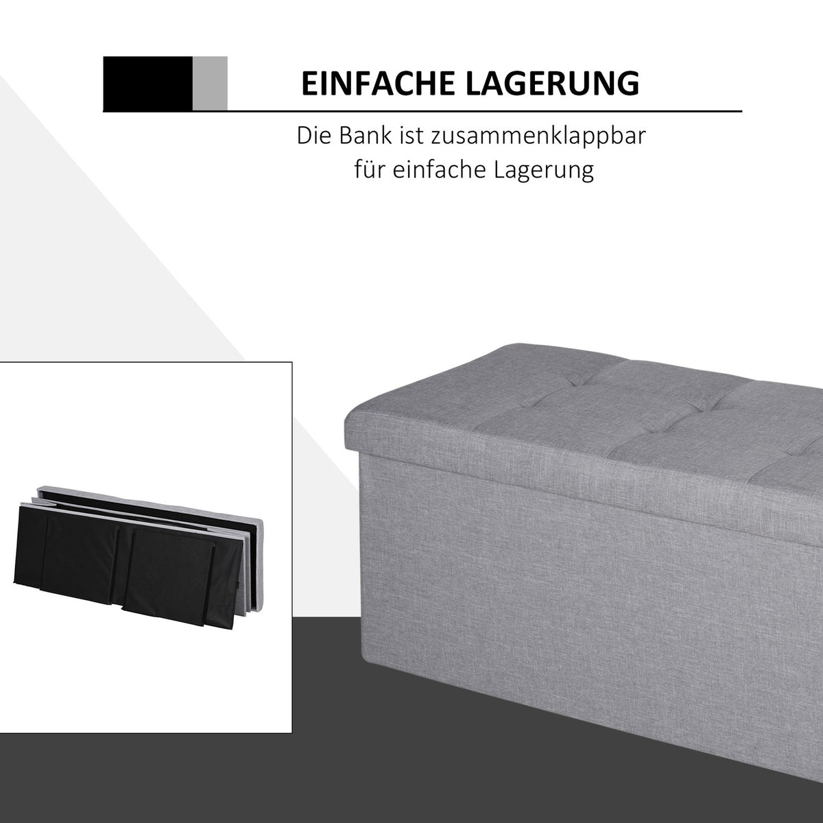 Bench Upholstered Bench With Storage Space And Divider, Foldable, Burlap, Gray, 110X38X38Cm