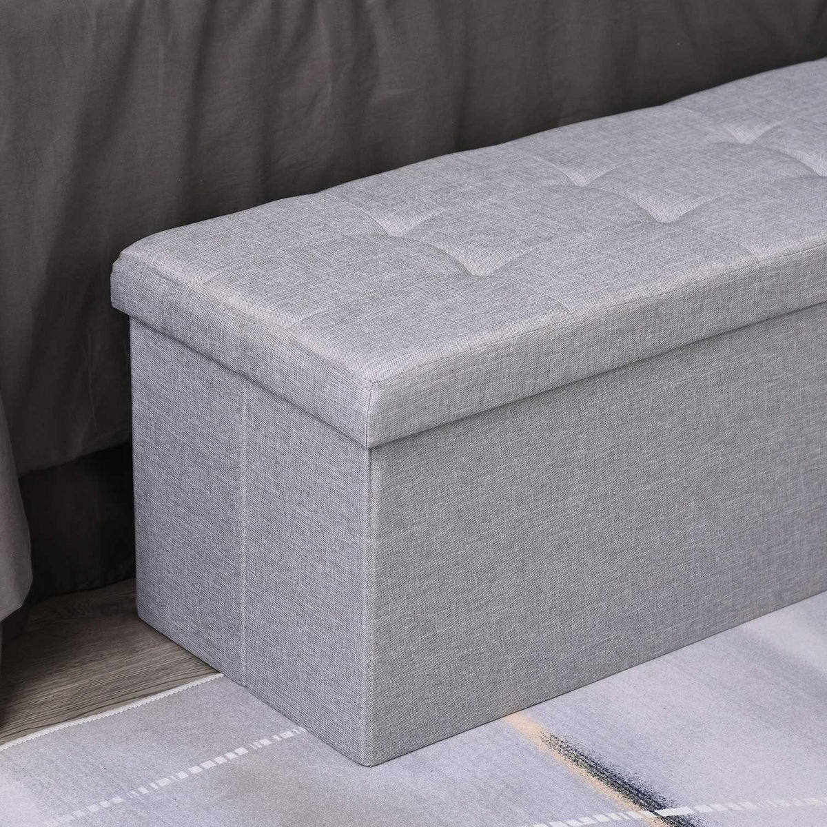 Bench Upholstered Bench With Storage Space And Divider, Foldable, Burlap, Gray, 110X38X38Cm
