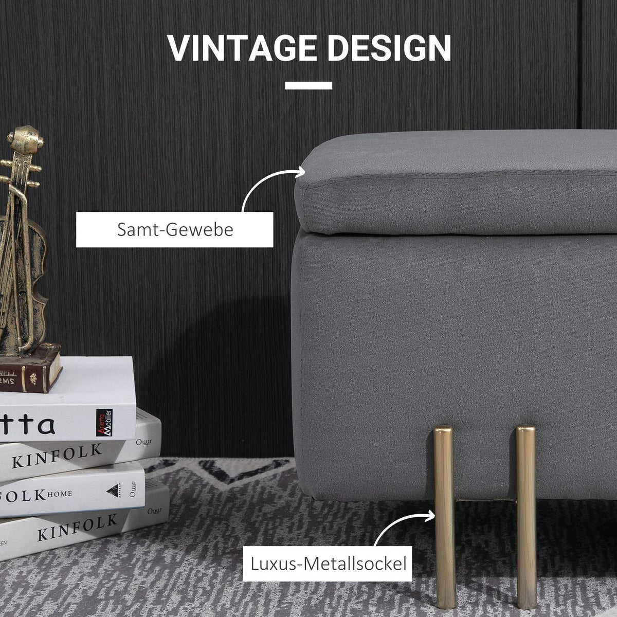 Bench Upholstered Bench With Storage Space, Chest Bench, Dark Gray, Fabric Metal Rubber Wood, 100X40X42Cm