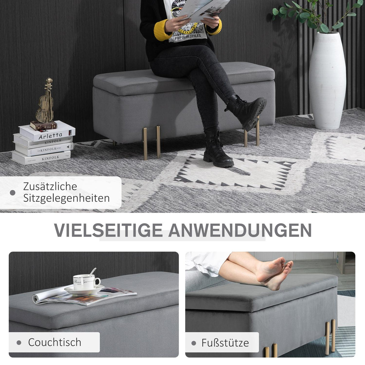 Bench Upholstered Bench With Storage Space, Chest Bench, Dark Gray, Fabric Metal Rubber Wood, 100X40X42Cm