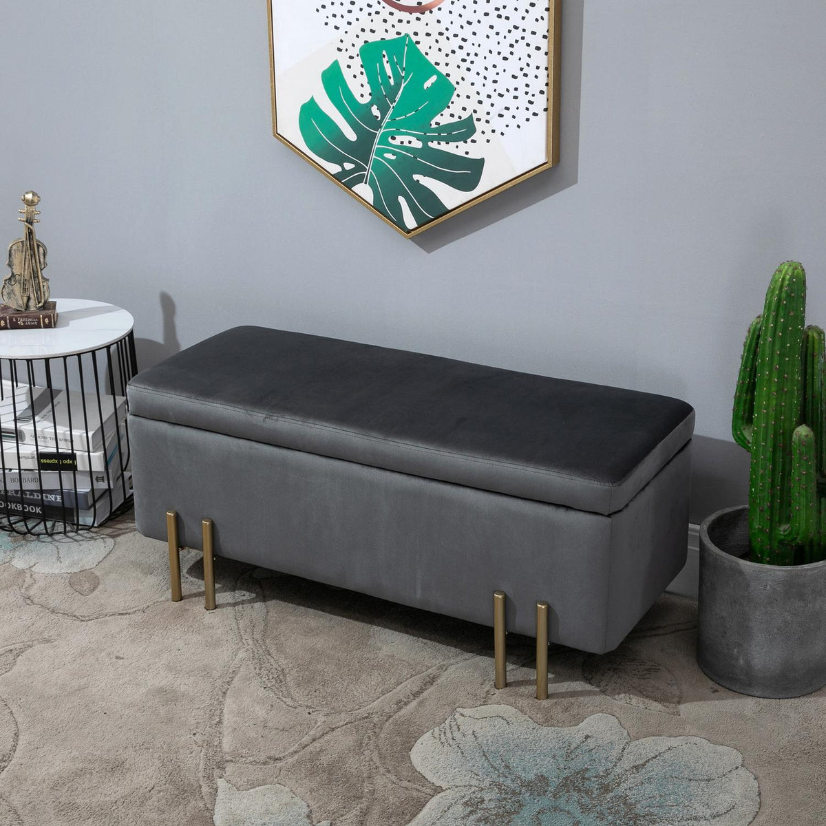 Bench Upholstered Bench With Storage Space, Chest Bench, Dark Gray, Fabric Metal Rubber Wood, 100X40X42Cm