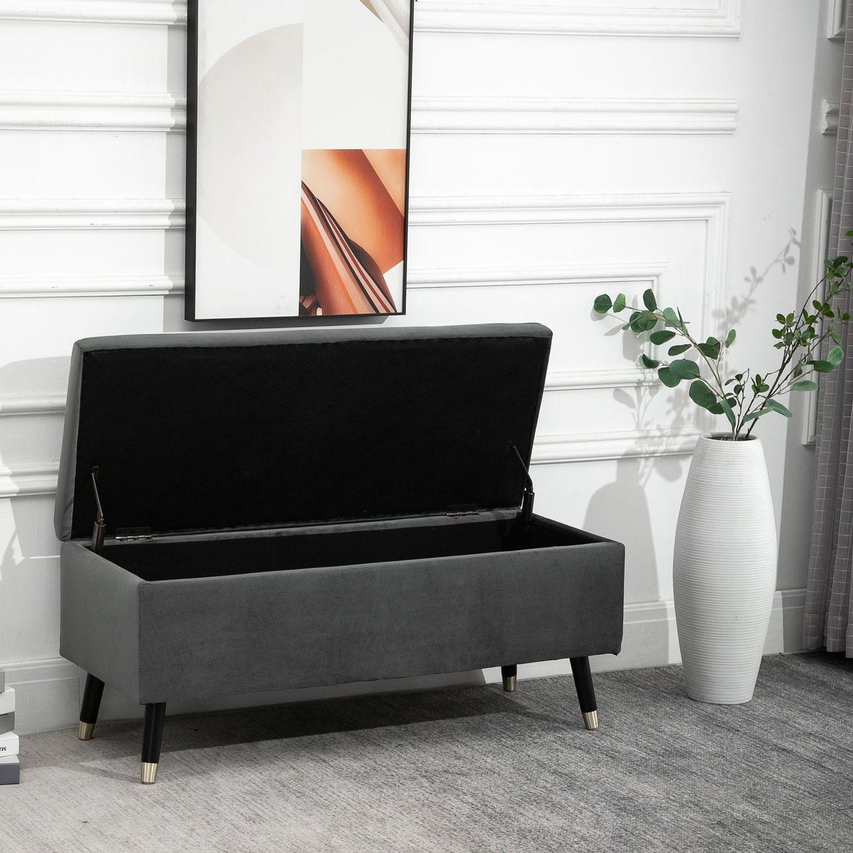 Bench, Upholstered Bench With Storage Space, Chest Bench, Metal, Foam, Rubber Wood, Charcoal Gray, 110 X 43 X 45 Cm