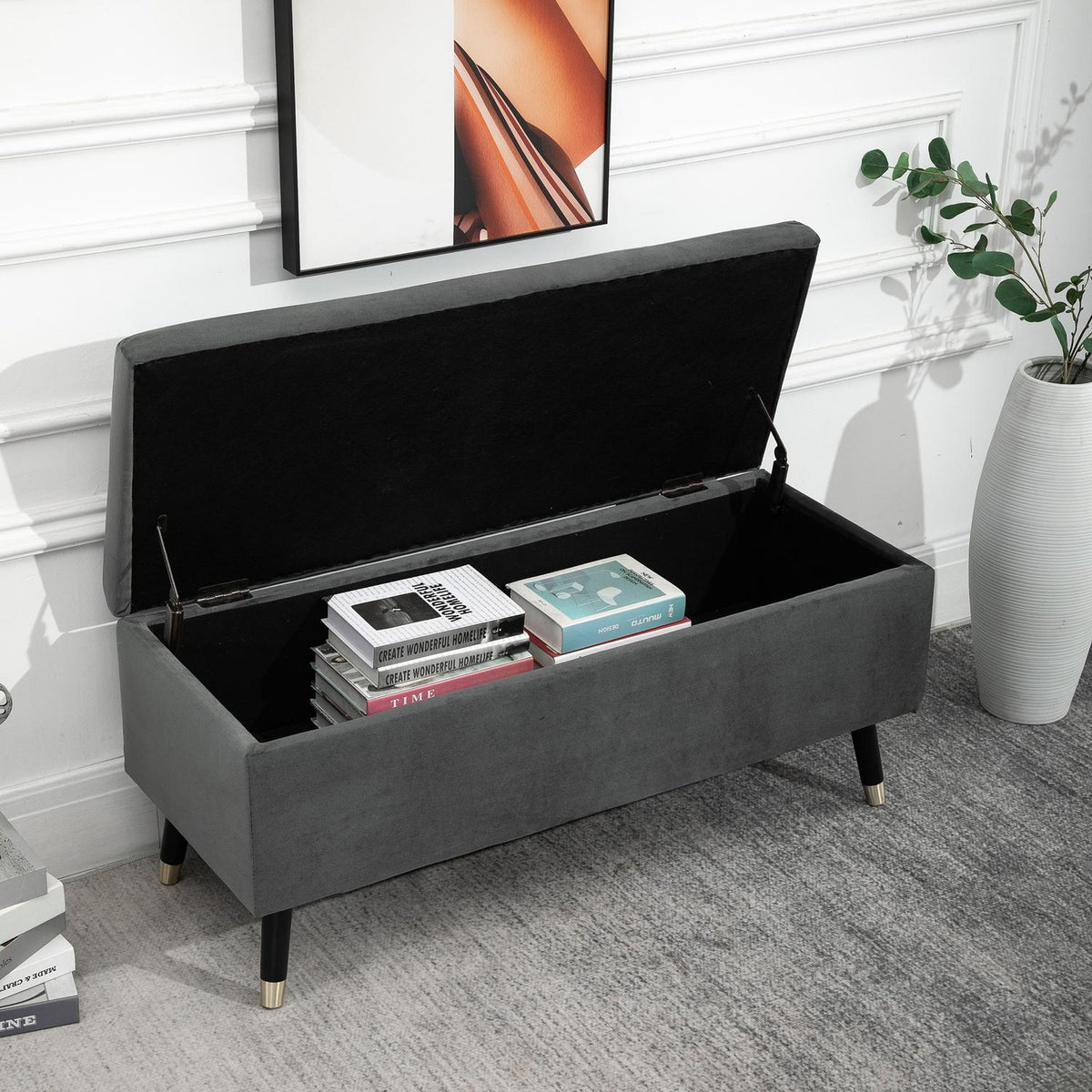Bench, Upholstered Bench With Storage Space, Chest Bench, Metal, Foam, Rubber Wood, Charcoal Gray, 110 X 43 X 45 Cm