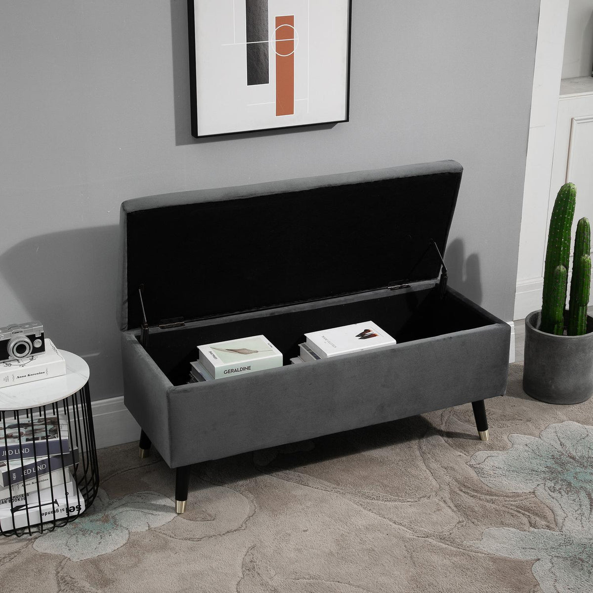 Bench, Upholstered Bench With Storage Space, Chest Bench, Metal, Foam, Rubber Wood, Charcoal Gray, 110 X 43 X 45 Cm