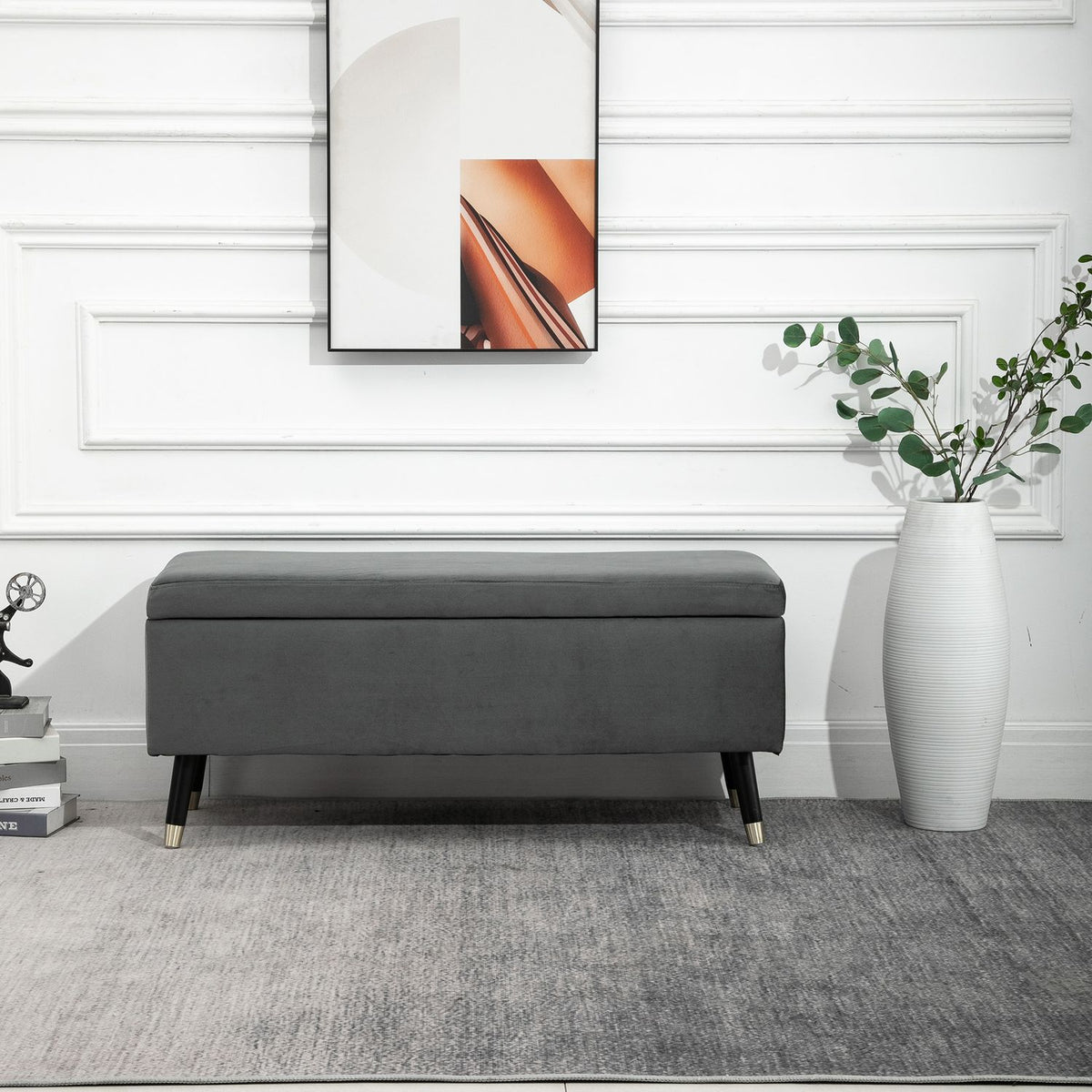 Bench, Upholstered Bench With Storage Space, Chest Bench, Metal, Foam, Rubber Wood, Charcoal Gray, 110 X 43 X 45 Cm