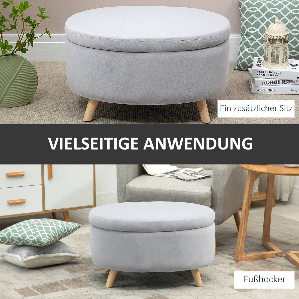 Bench Upholstered Bench with Storage Space Oval Shape Stool Hallway Bedroom Living Room Velvety Polyester Rubber Wood Light Gray 71 x 51.5 x 42 cm