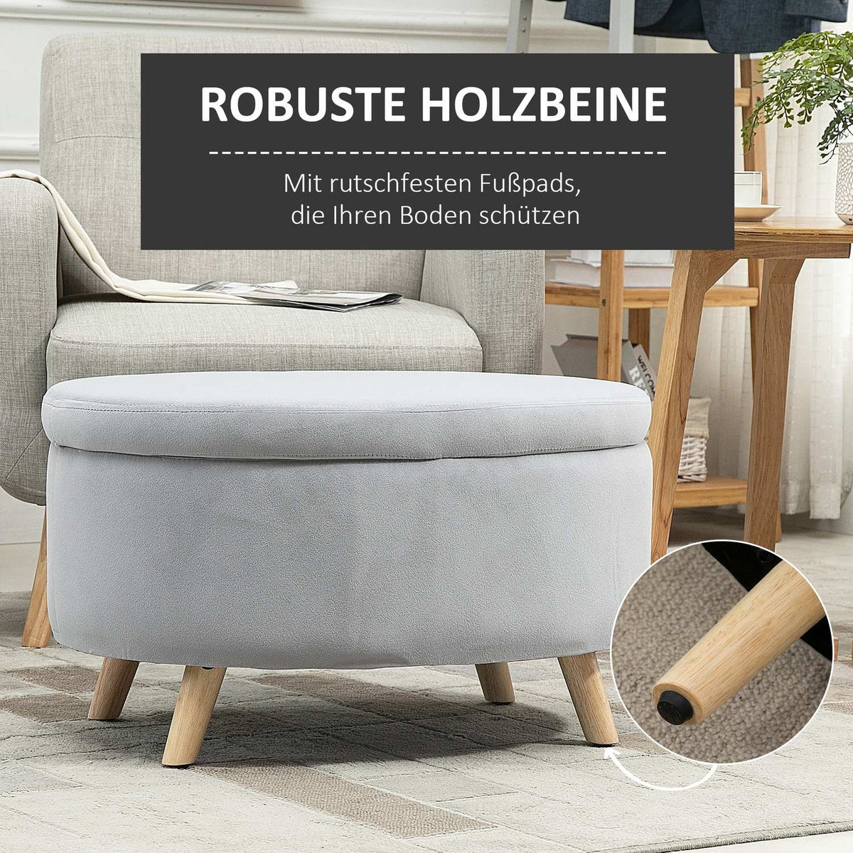 Bench Upholstered Bench with Storage Space Oval Shape Stool Hallway Bedroom Living Room Velvety Polyester Rubber Wood Light Gray 71 x 51.5 x 42 cm
