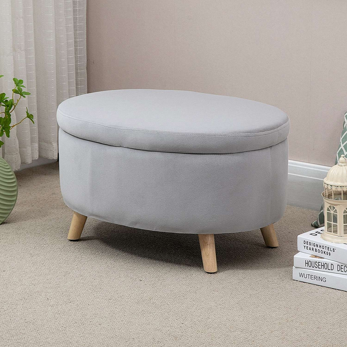 Bench Upholstered Bench with Storage Space Oval Shape Stool Hallway Bedroom Living Room Velvety Polyester Rubber Wood Light Gray 71 x 51.5 x 42 cm