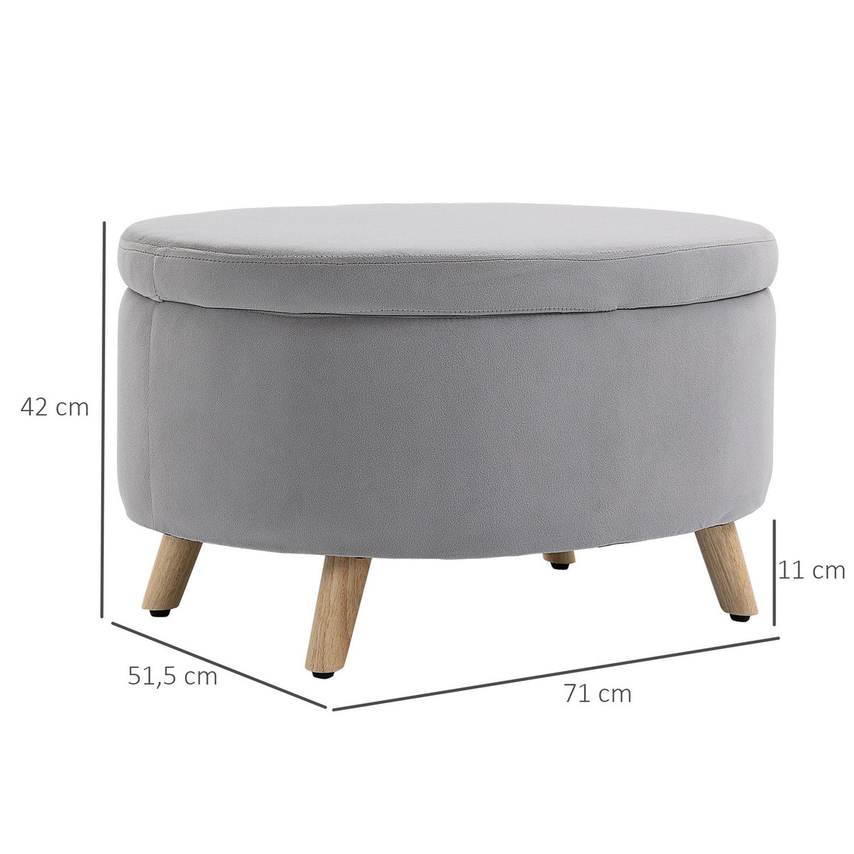 Bench Upholstered Bench with Storage Space Oval Shape Stool Hallway Bedroom Living Room Velvety Polyester Rubber Wood Light Gray 71 x 51.5 x 42 cm