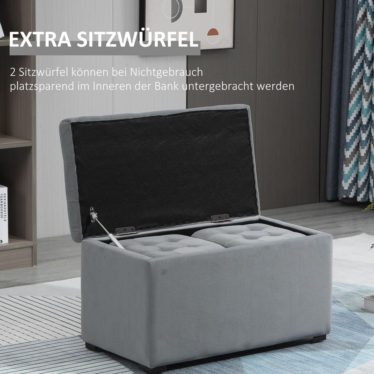 Bench With Storage Space 2 X Stools, Upholstered Seat Chest, Foldable, Up To 130Kg, 75X40X42Cm