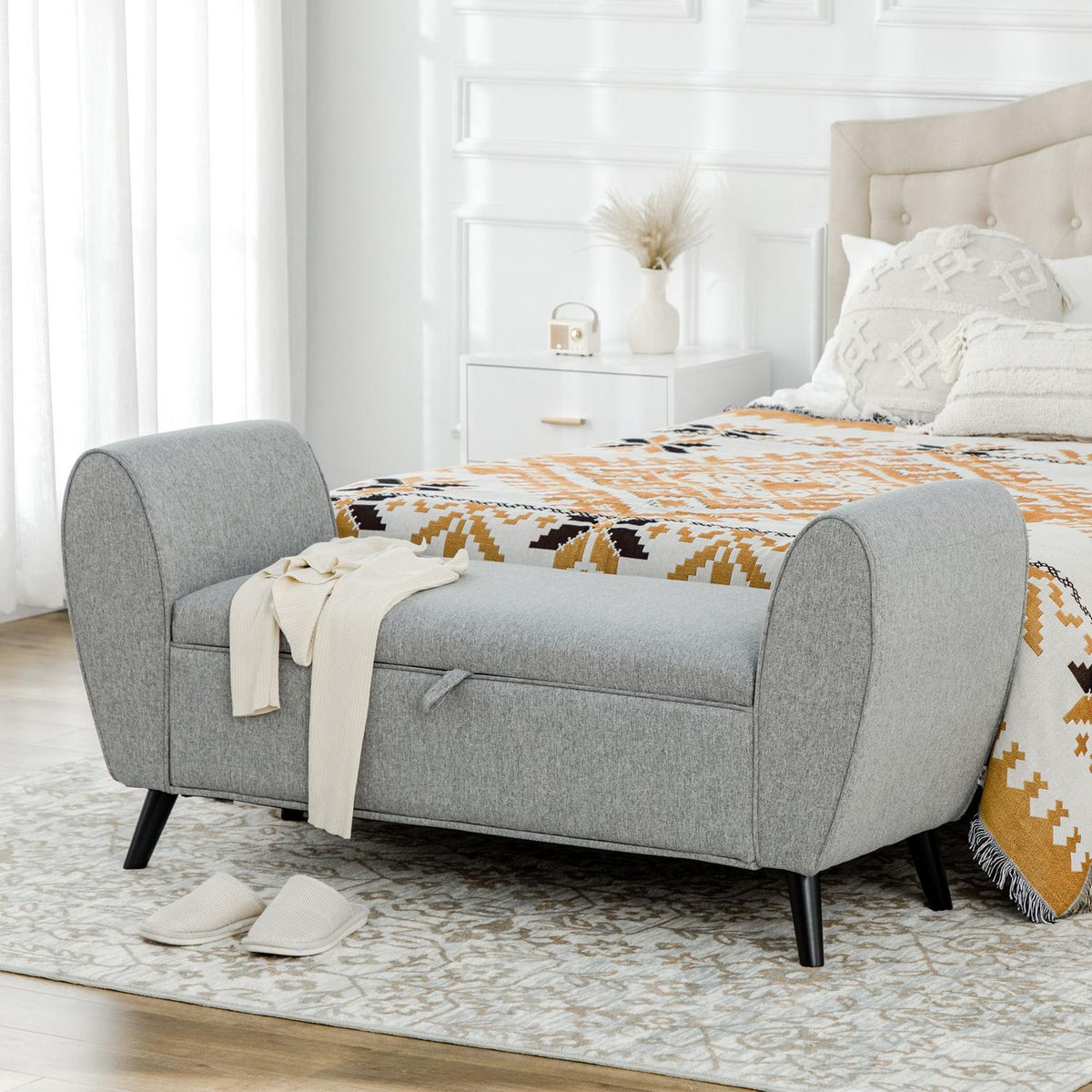 Bench With Storage Space, Bed Bench, Upholstered Bench With Linen Look, Chest Bench With Armrest, Storage Box, Light Gray