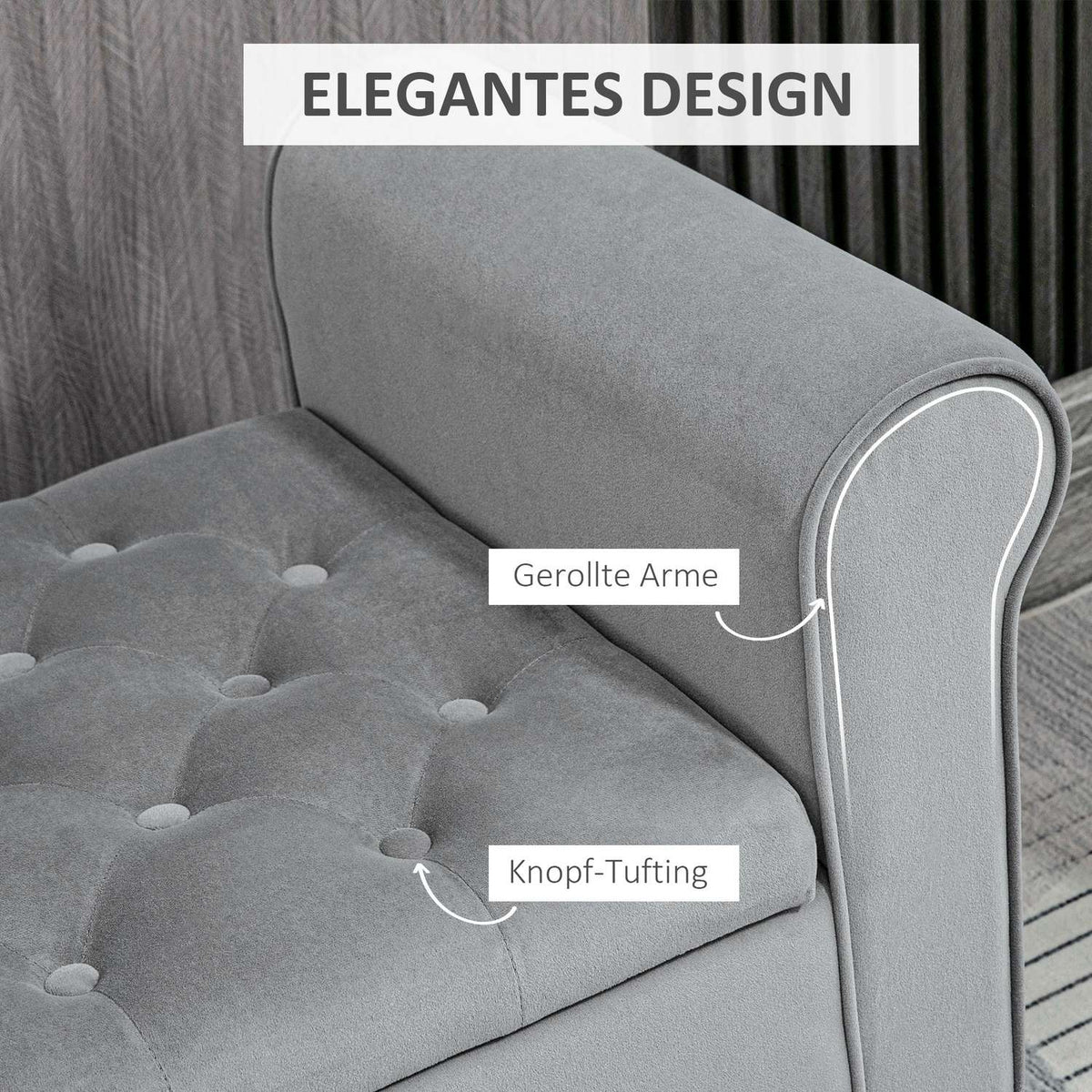 Bench With Storage Space, Upholstered Bench, Bed Bench, In Velvet Look, Hallway Bench For Bedroom, Load Capacity Up To 120 Kg, Gray, 126 X 48.5 X 57 Cm