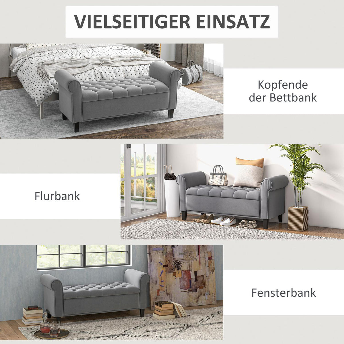 Bench With Storage Space, Upholstered Bench, Bed Bench, In Velvet Look, Hallway Bench For Bedroom, Load Capacity Up To 120 Kg, Gray, 126 X 48.5 X 57 Cm
