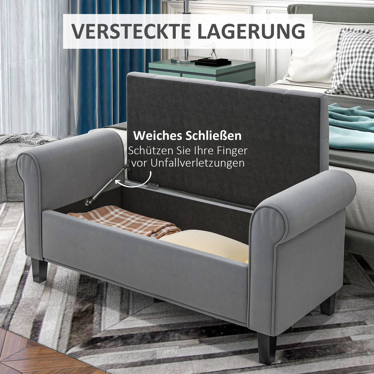 Bench With Storage Space, Upholstered Bench, Bed Bench, In Velvet Look, Hallway Bench For Bedroom, Load Capacity Up To 120 Kg, Gray, 126 X 48.5 X 57 Cm