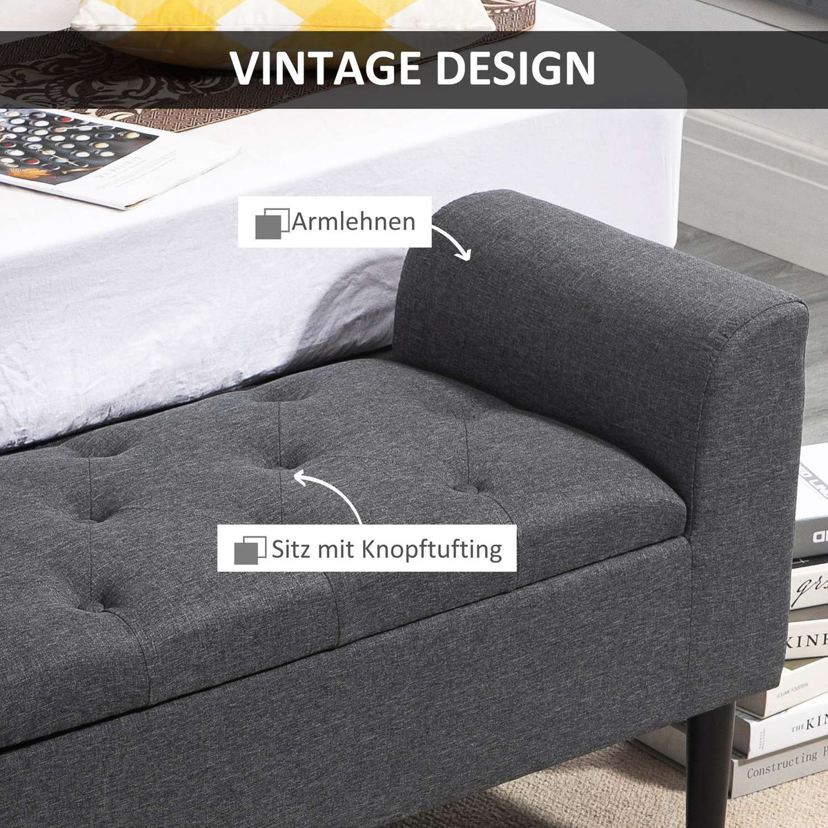 Bench With Storage Space, Upholstered Bench, Stool, Seat Chest, Load Capacity Up To 130 Kg, Linen Touch, Rubber Wood, Dark Gray, 116 X 44 X 58 Cm