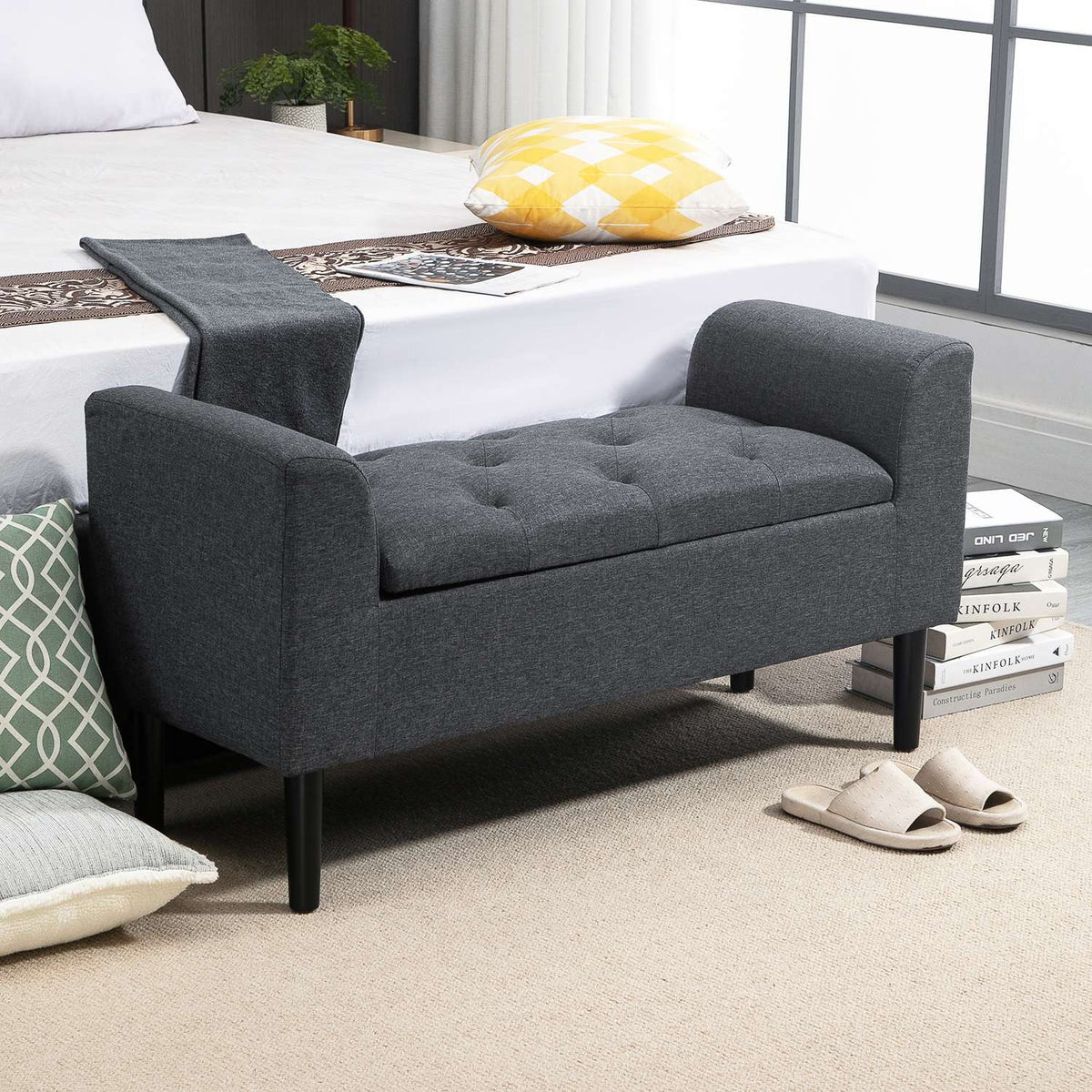 Bench With Storage Space, Upholstered Bench, Stool, Seat Chest, Load Capacity Up To 130 Kg, Linen Touch, Rubber Wood, Dark Gray, 116 X 44 X 58 Cm