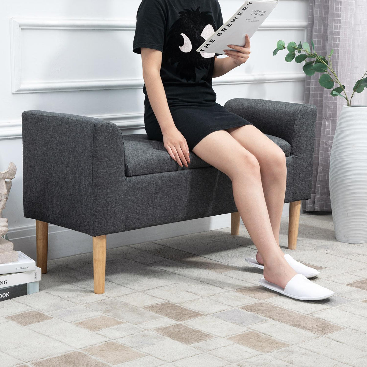 Bench With Storage Space, Upholstered Bench, Stool, Seat Chest, Load Capacity Up To 130 Kg, Linen Touch, Rubber Wood, Dark Gray, 116 X 44 X 58 Cm