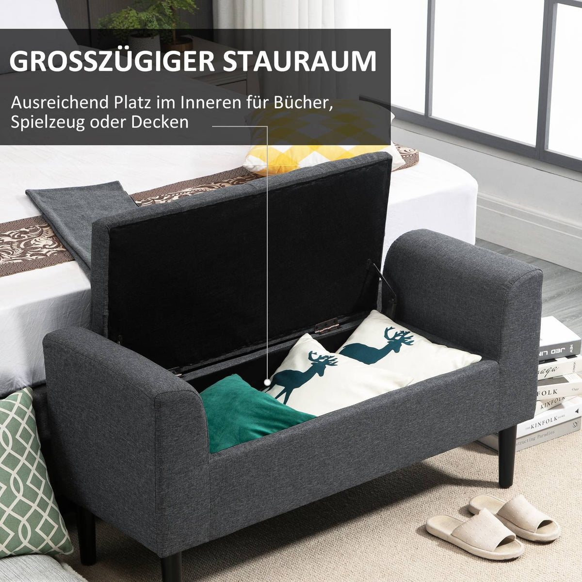 Bench With Storage Space, Upholstered Bench, Stool, Seat Chest, Load Capacity Up To 130 Kg, Linen Touch, Rubber Wood, Dark Gray, 116 X 44 X 58 Cm