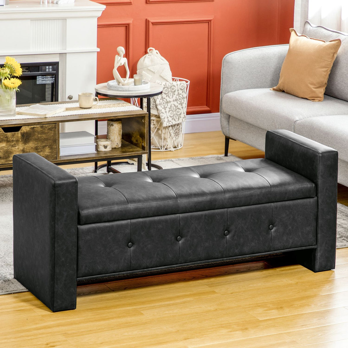 Bench With Storage Space Upholstered Bench With Soft-Close Hinges & Armrest, Pu Cover, For Bedroom/Living Room, 139X49X68Cm