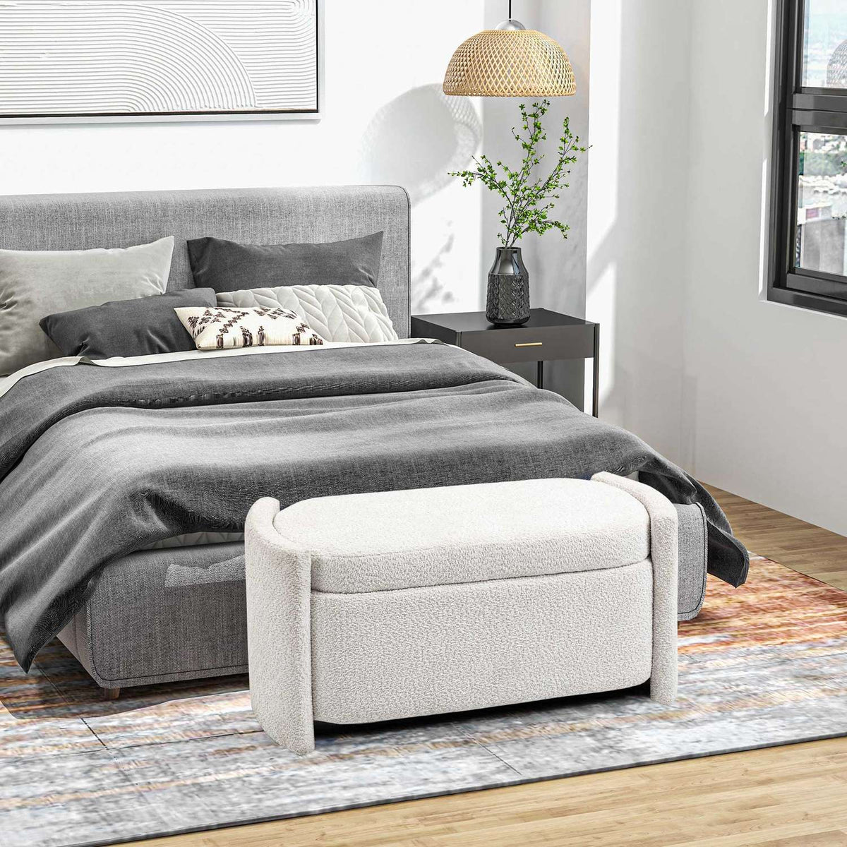 Bench, bed bench with storage space, upholstered bench with lid, velvet look, storage bench, cream, 105 x 44 x 45.5 cm