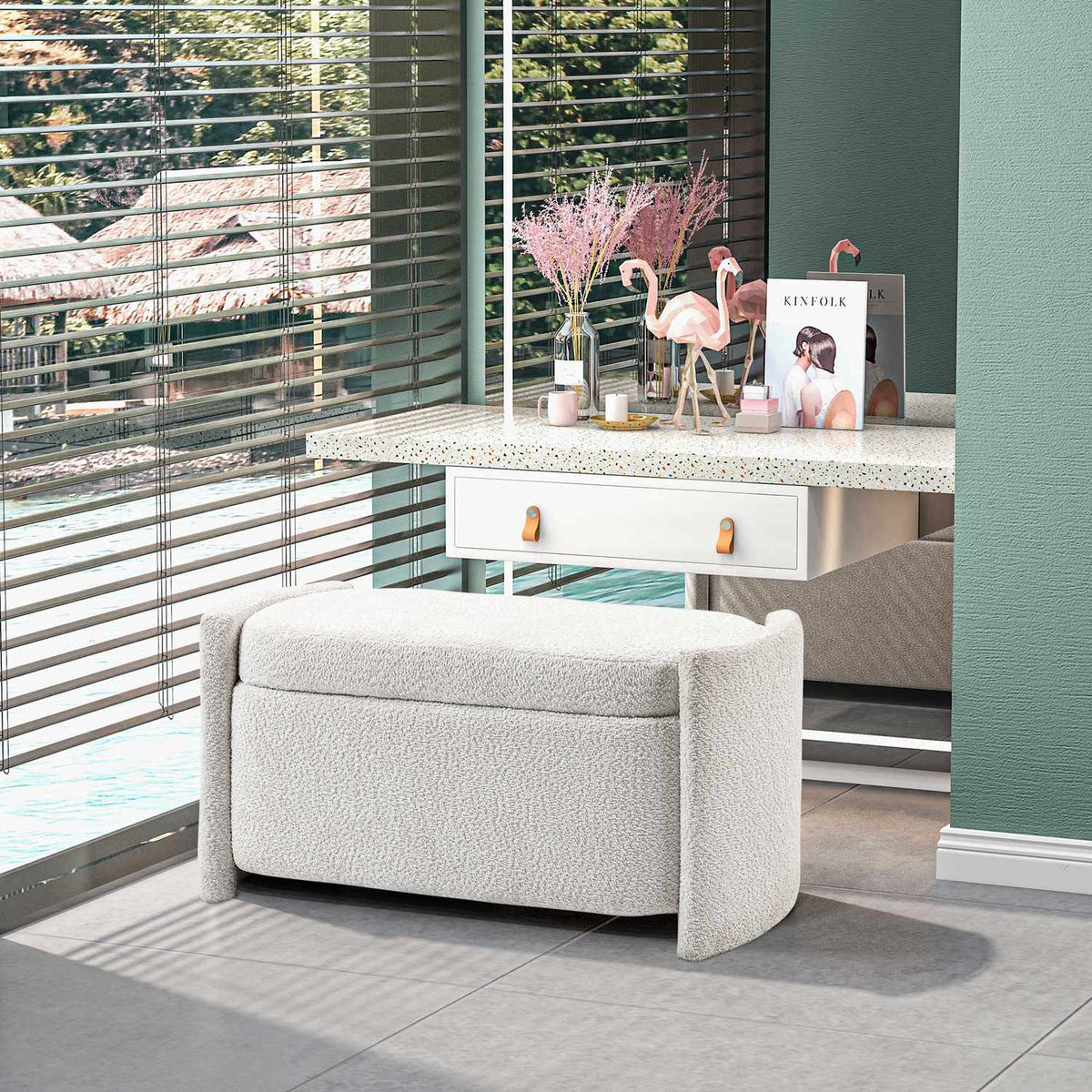 Bench, bed bench with storage space, upholstered bench with lid, velvet look, storage bench, cream, 105 x 44 x 45.5 cm