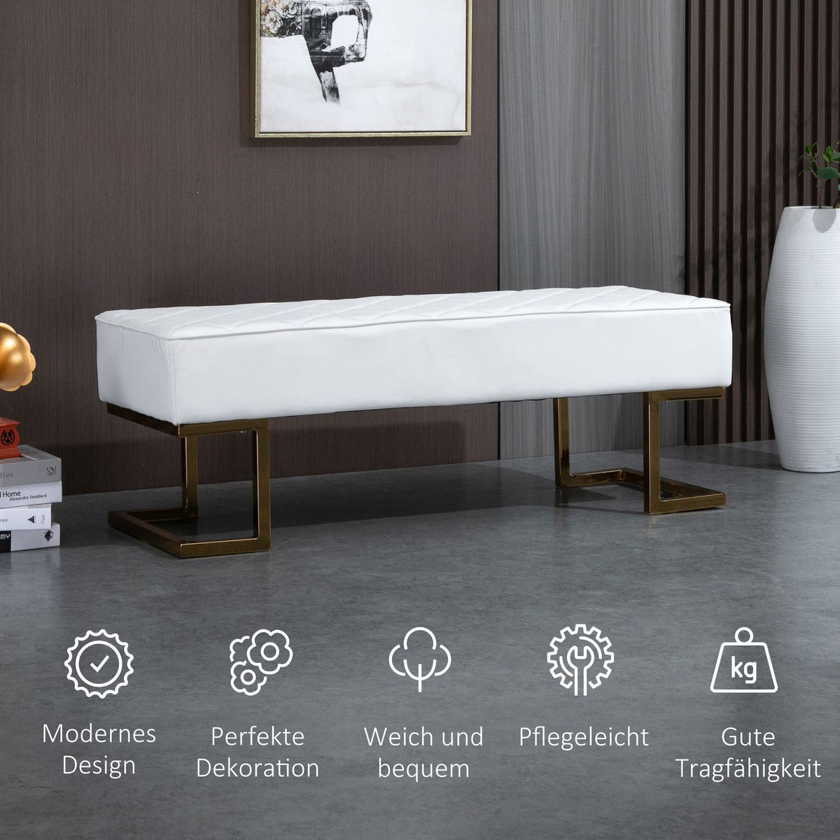 Bench chest bench for bedroom and living room, faux leather metal white gold 120x43x42 cm, stylish bed bench
