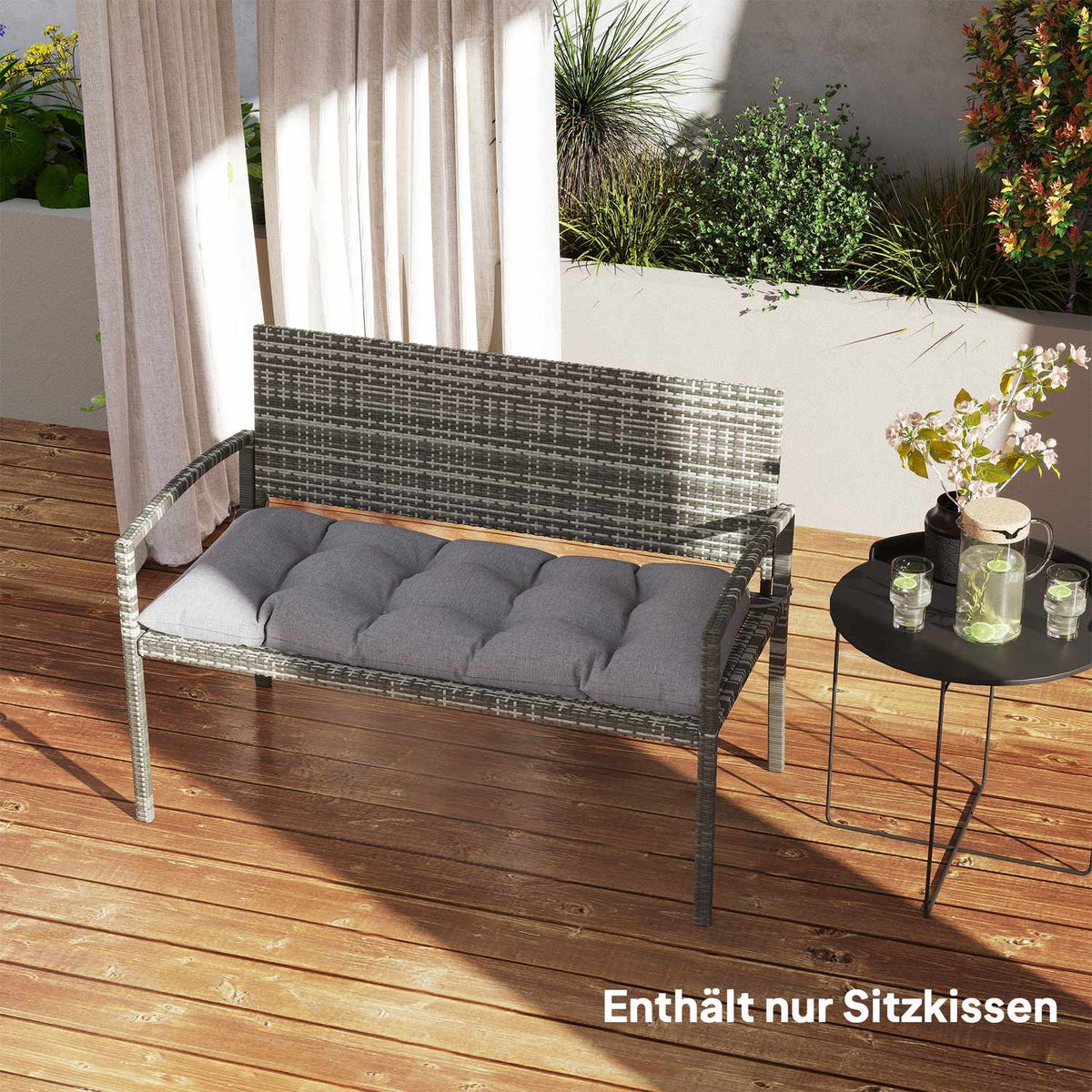 Bench cushion 105 x 46 x 12.5 cm bench cushion with straps, outdoor seat cushion, water-repellent chair cushion UPF50+, seat cushion, seat cushion, bench cushion for garden furniture, bench, gray