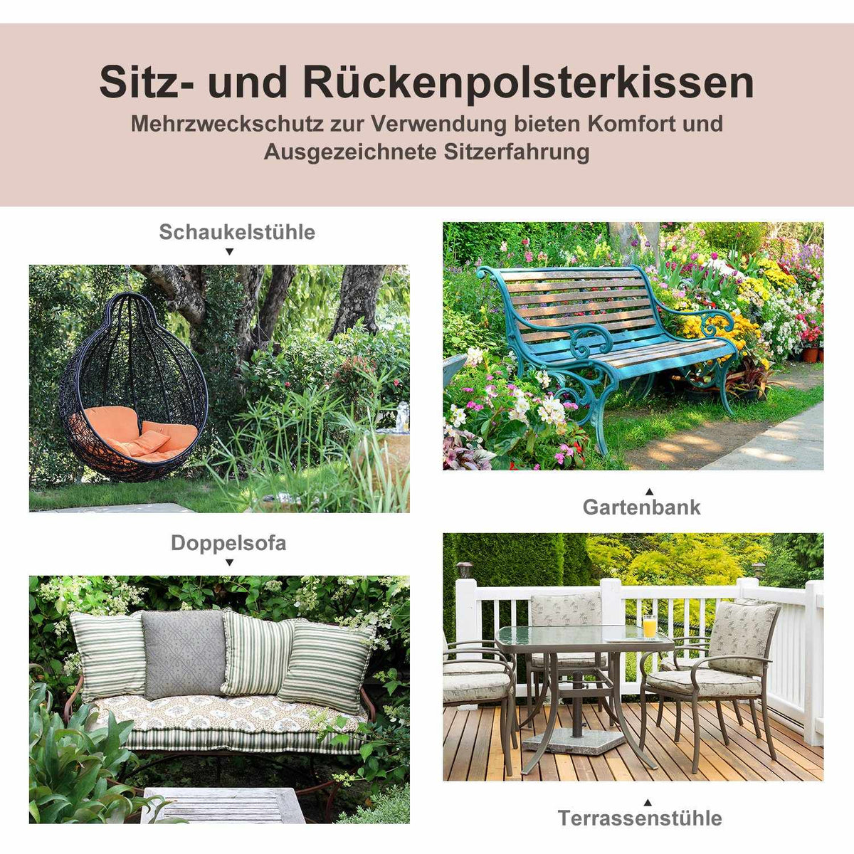 Bench cushion set of 2 seat cushions for garden bench, soft padding made of polyester, beige, 120x54x5cm