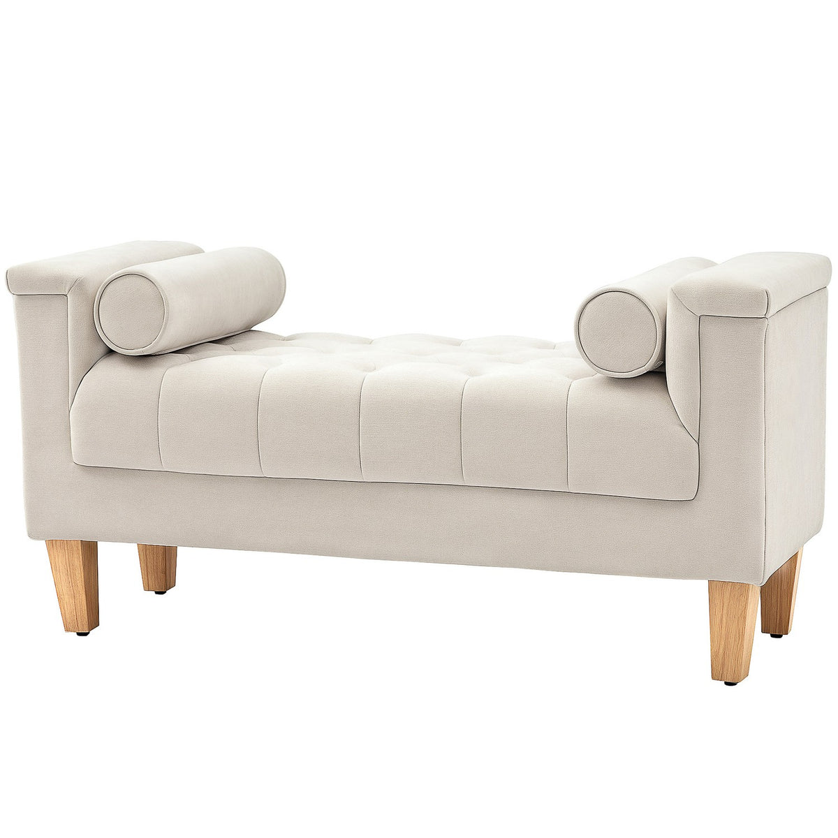Bench upholstered bench with chenille cover, armrest bed bench with 2 cylinder cushions, wooden frame, shoe bench for bedroom, living room, hallway 115 x 44 x 58 cm beige