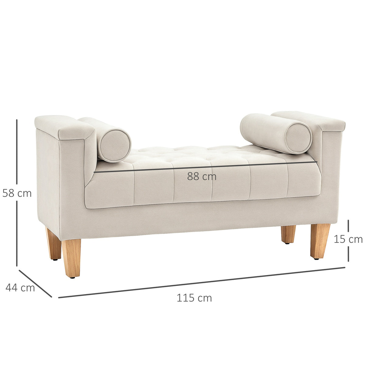Bench upholstered bench with chenille cover, armrest bed bench with 2 cylinder cushions, wooden frame, shoe bench for bedroom, living room, hallway 115 x 44 x 58 cm beige