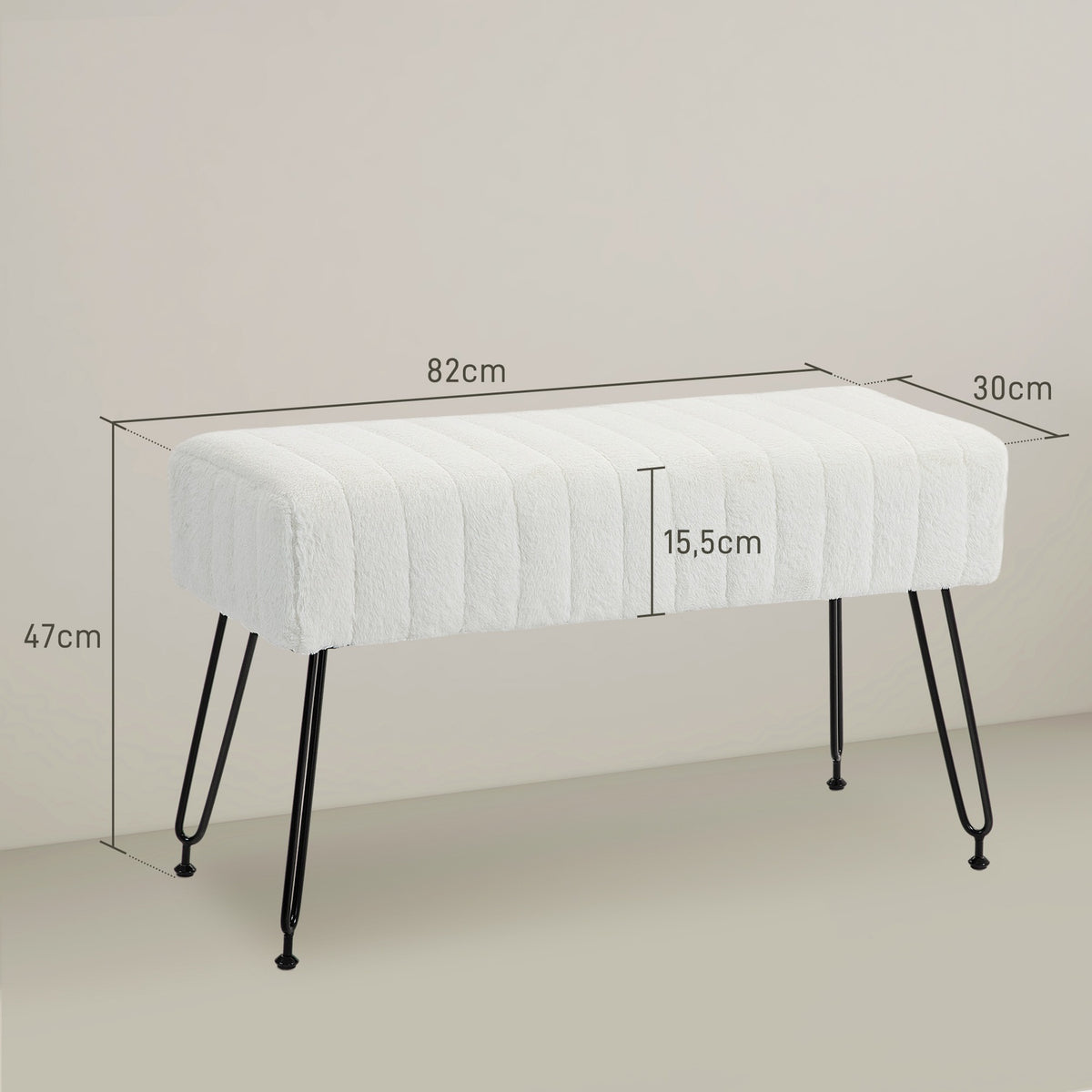 Bench, upholstered bench with faux fur look, metal legs, shoe bench for hallway, bedroom, living room, 82 x 30 x 47 cm, cream white