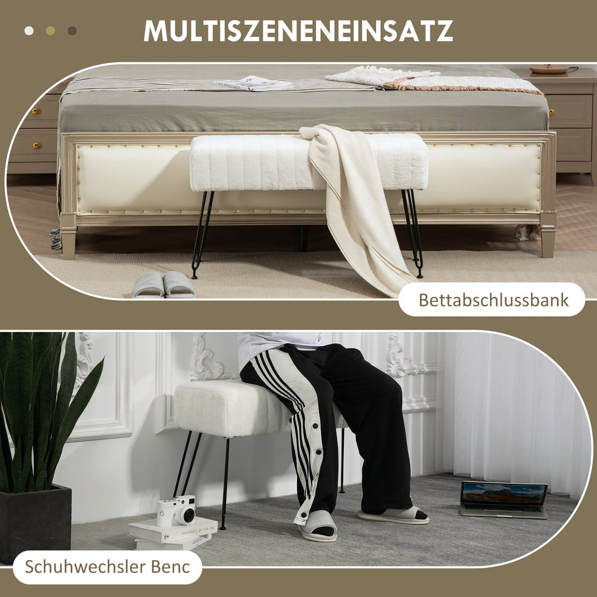 Bench, upholstered bench with faux fur look, metal legs, shoe bench for hallway, bedroom, living room, 82 x 30 x 47 cm, cream white