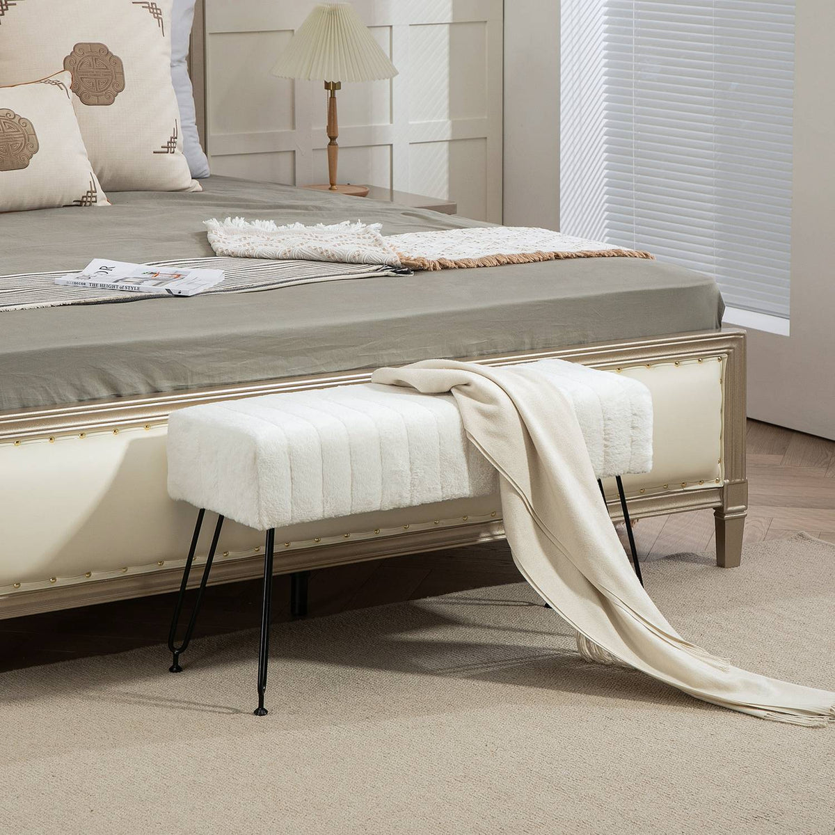 Bench, upholstered bench with faux fur look, metal legs, shoe bench for hallway, bedroom, living room, 82 x 30 x 47 cm, cream white