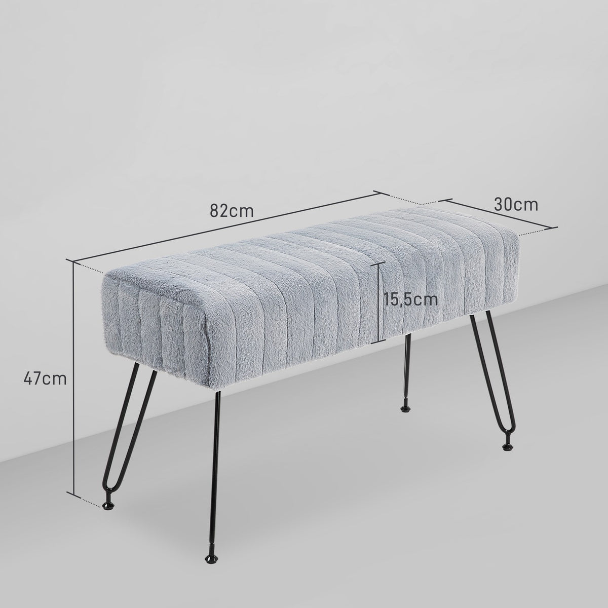 Bench, upholstered bench with faux fur look, metal legs, shoe bench for hallway, bedroom, living room, 82 x 30 x 47 cm, gray