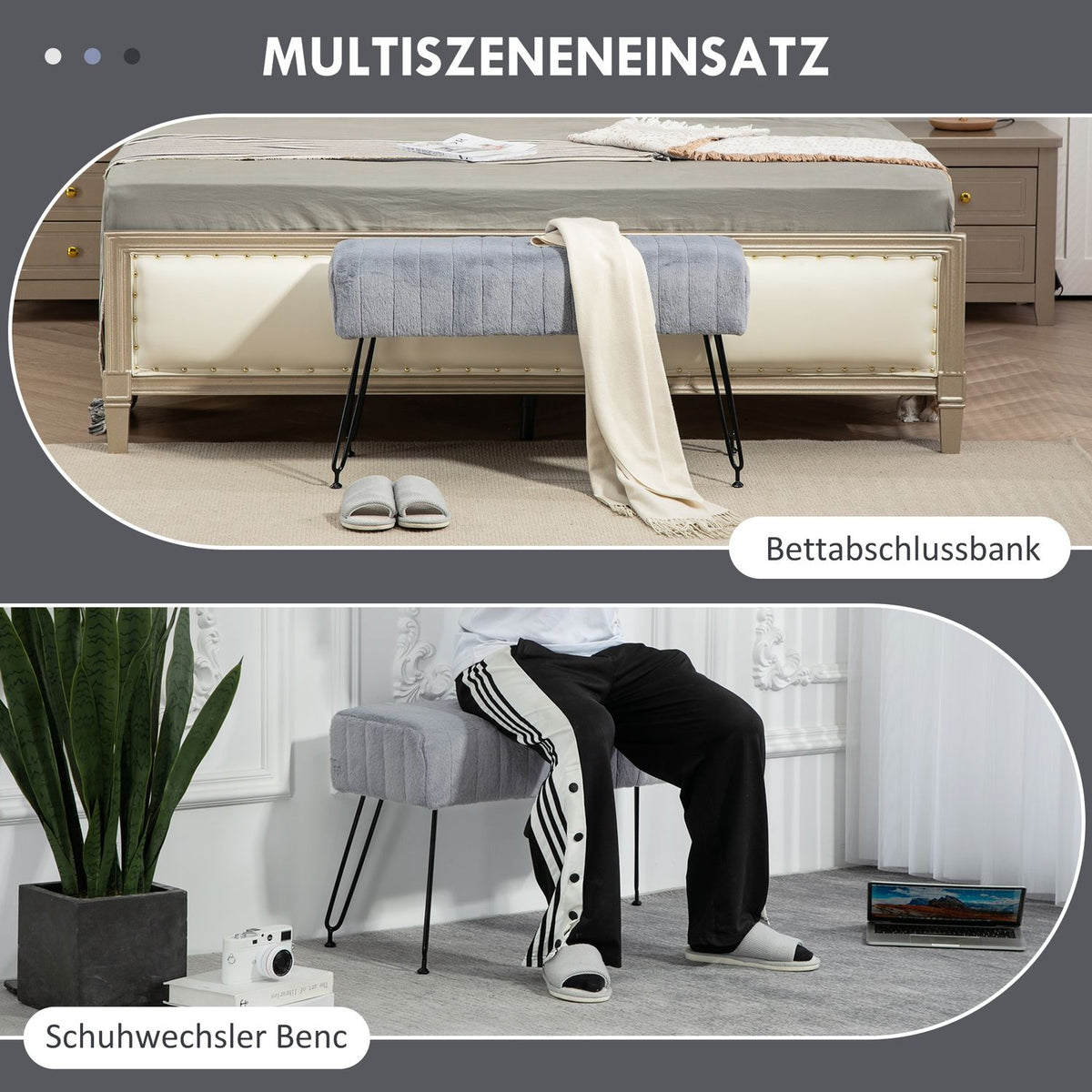 Bench, upholstered bench with faux fur look, metal legs, shoe bench for hallway, bedroom, living room, 82 x 30 x 47 cm, gray