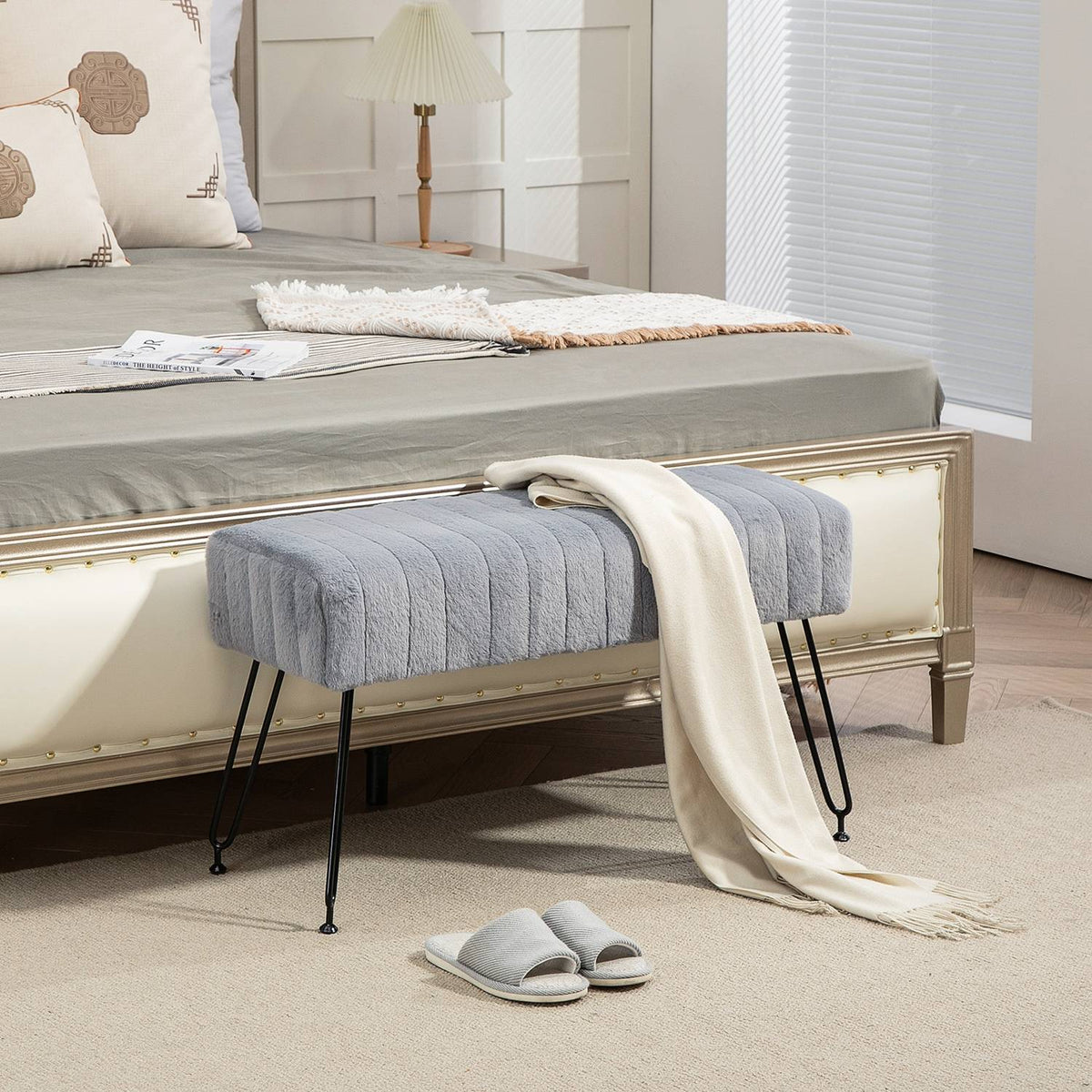 Bench, upholstered bench with faux fur look, metal legs, shoe bench for hallway, bedroom, living room, 82 x 30 x 47 cm, gray