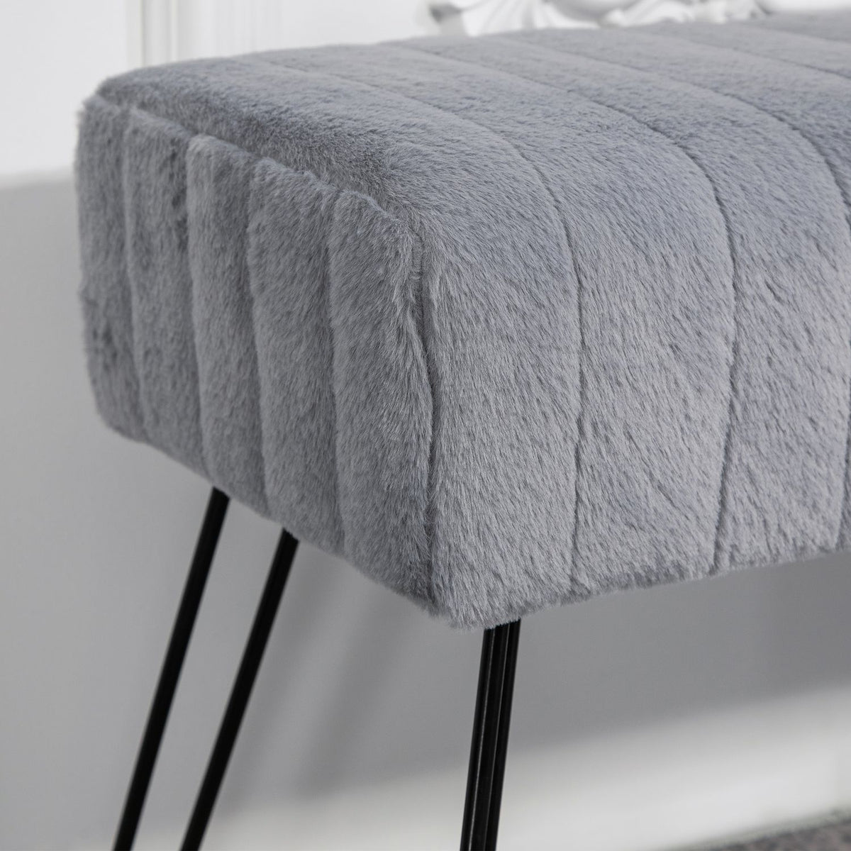 Bench, upholstered bench with faux fur look, metal legs, shoe bench for hallway, bedroom, living room, 82 x 30 x 47 cm, gray