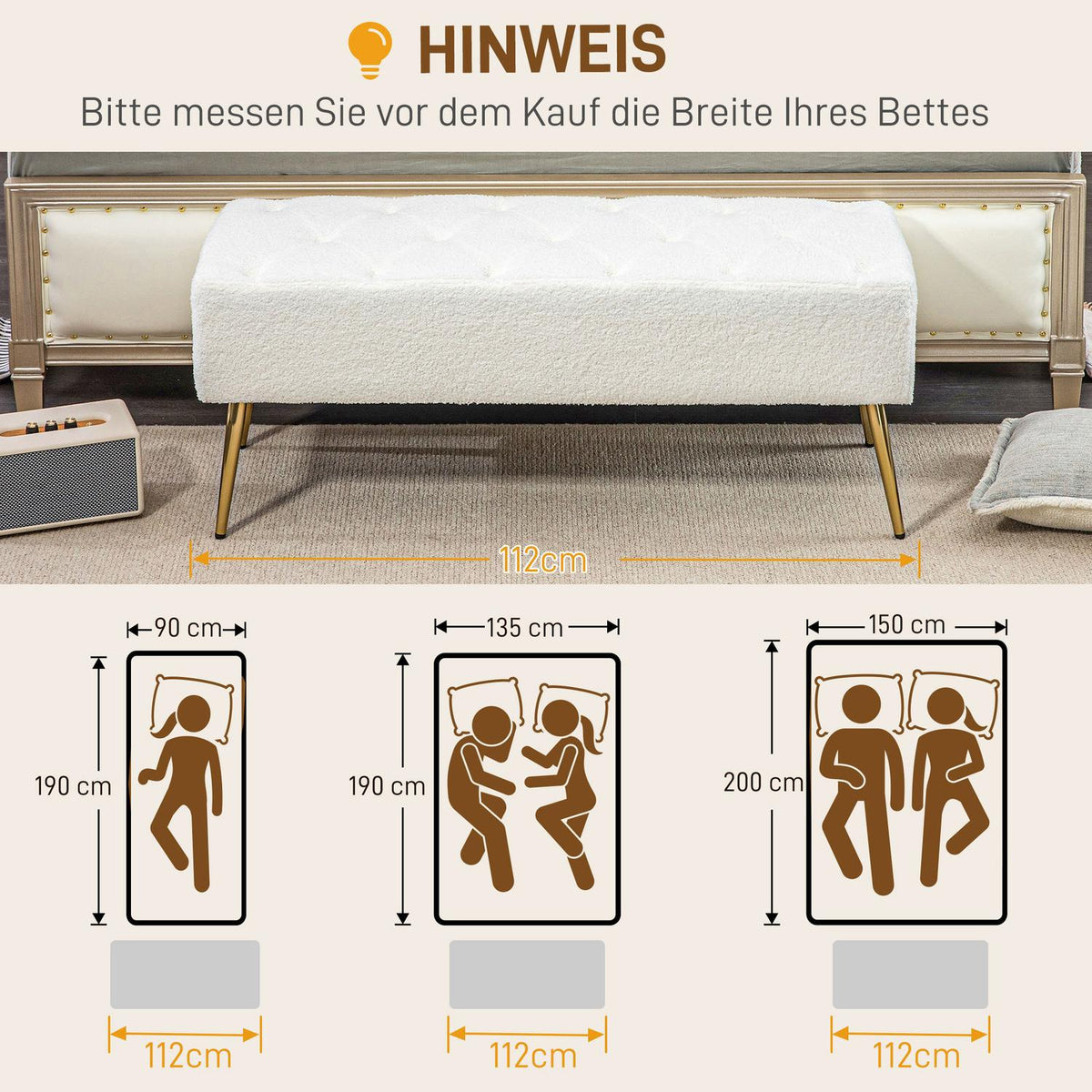 Bench, upholstered bench with lamb's wool look, button stitching, bed bench with steel legs, for bedroom, living room, 112 x 41 x 46 cm, cream