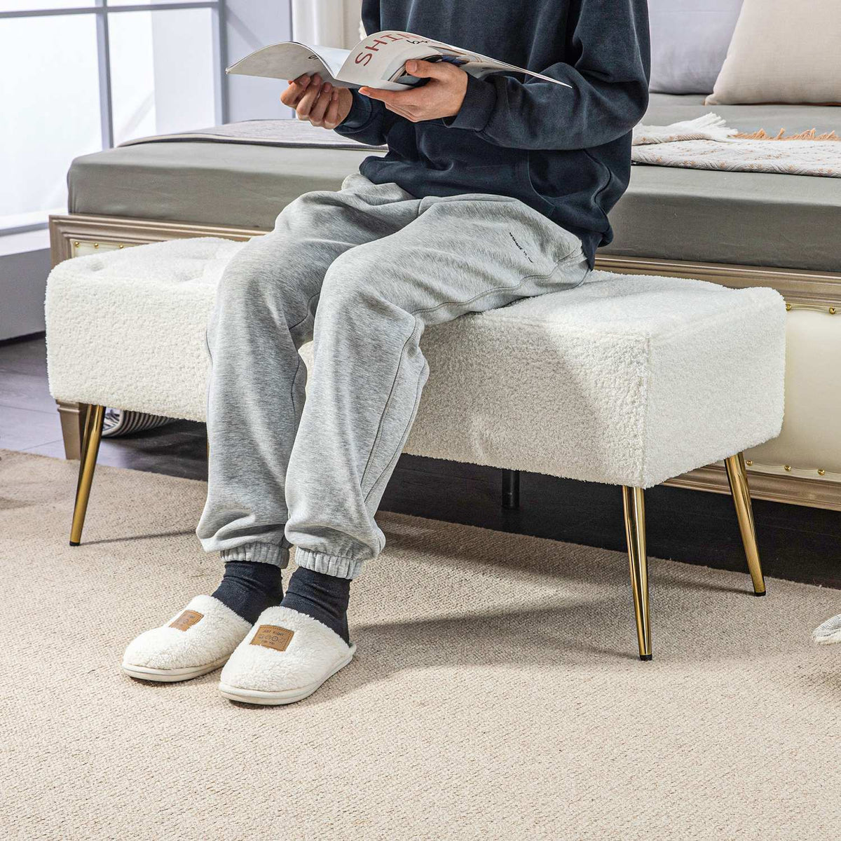 Bench, upholstered bench with lamb's wool look, button stitching, bed bench with steel legs, for bedroom, living room, 112 x 41 x 46 cm, cream