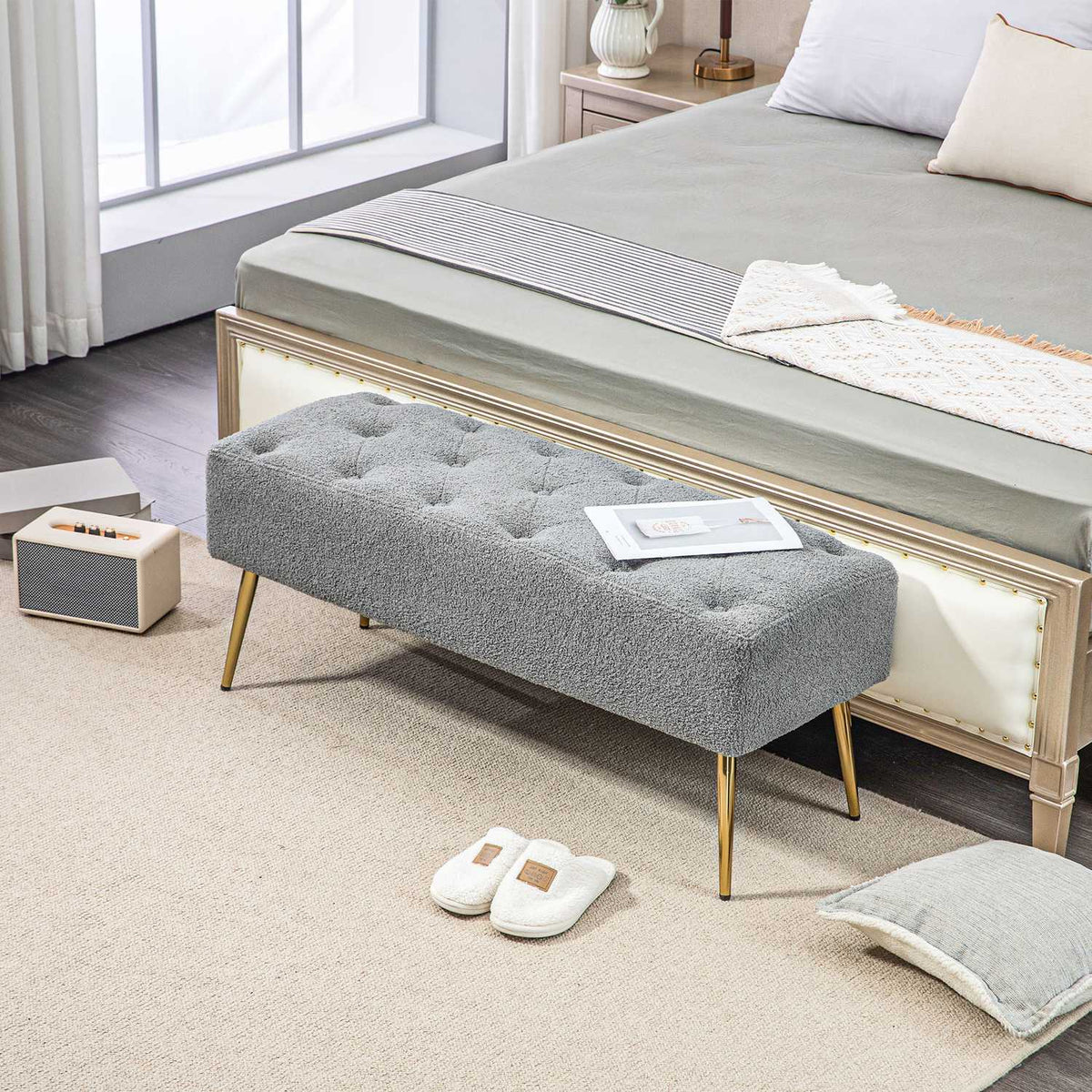 Bench upholstered bench with lambswool look, button stitching, bed bench with steel legs, for bedroom, living room, hallway, 112x41x46cm, gray