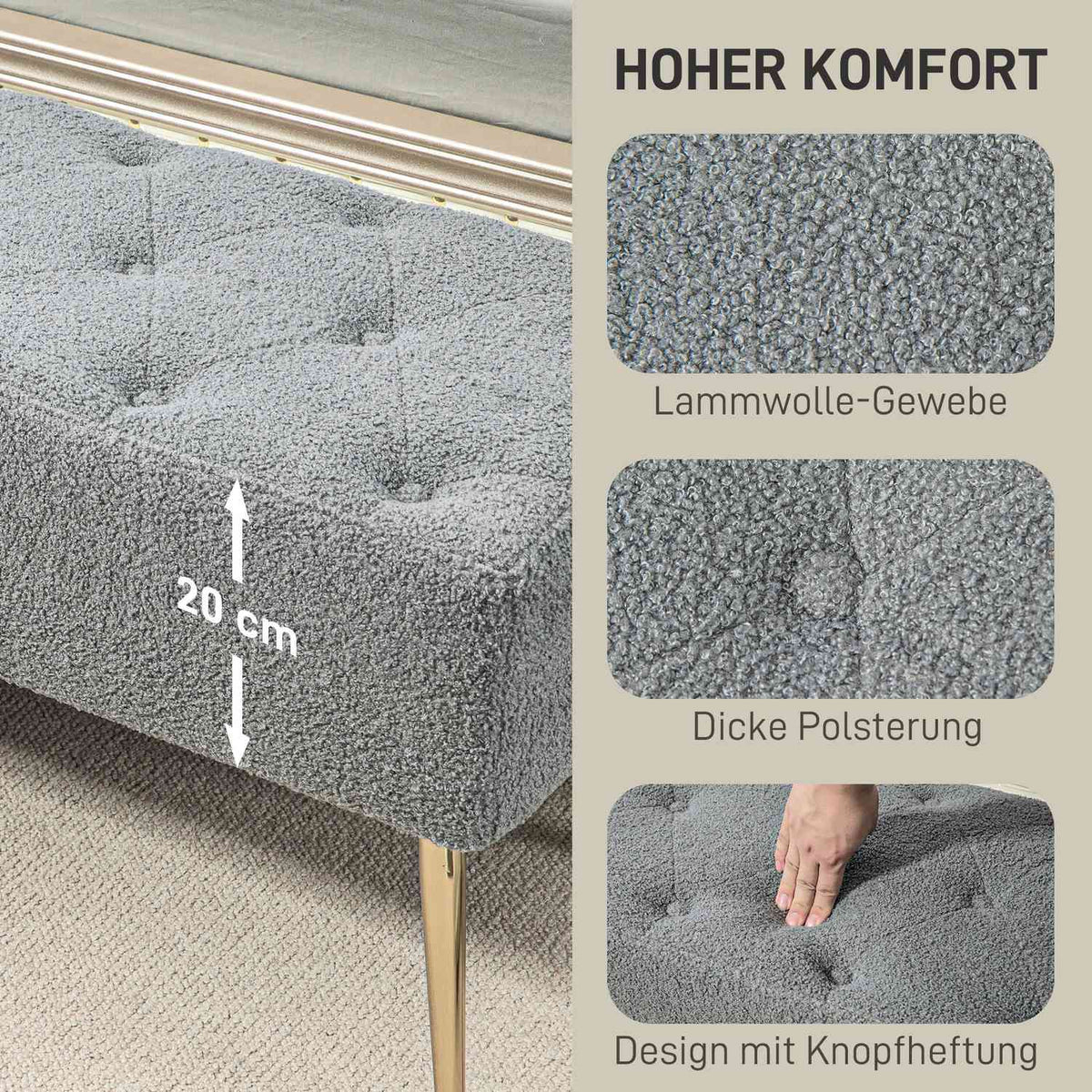 Bench upholstered bench with lambswool look, button stitching, bed bench with steel legs, for bedroom, living room, hallway, 112x41x46cm, gray
