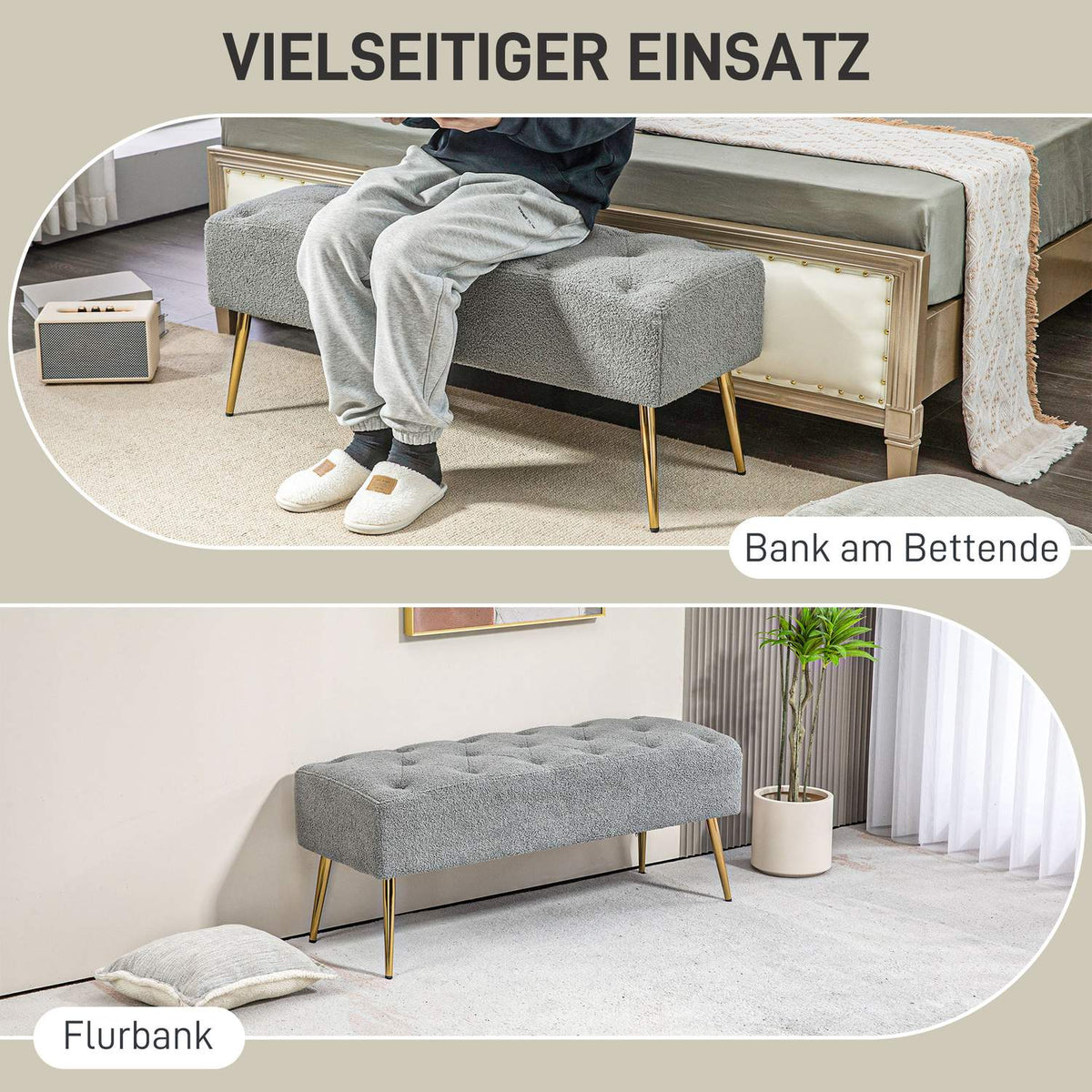 Bench upholstered bench with lambswool look, button stitching, bed bench with steel legs, for bedroom, living room, hallway, 112x41x46cm, gray