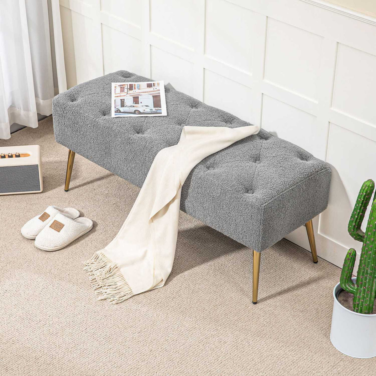 Bench upholstered bench with lambswool look, button stitching, bed bench with steel legs, for bedroom, living room, hallway, 112x41x46cm, gray