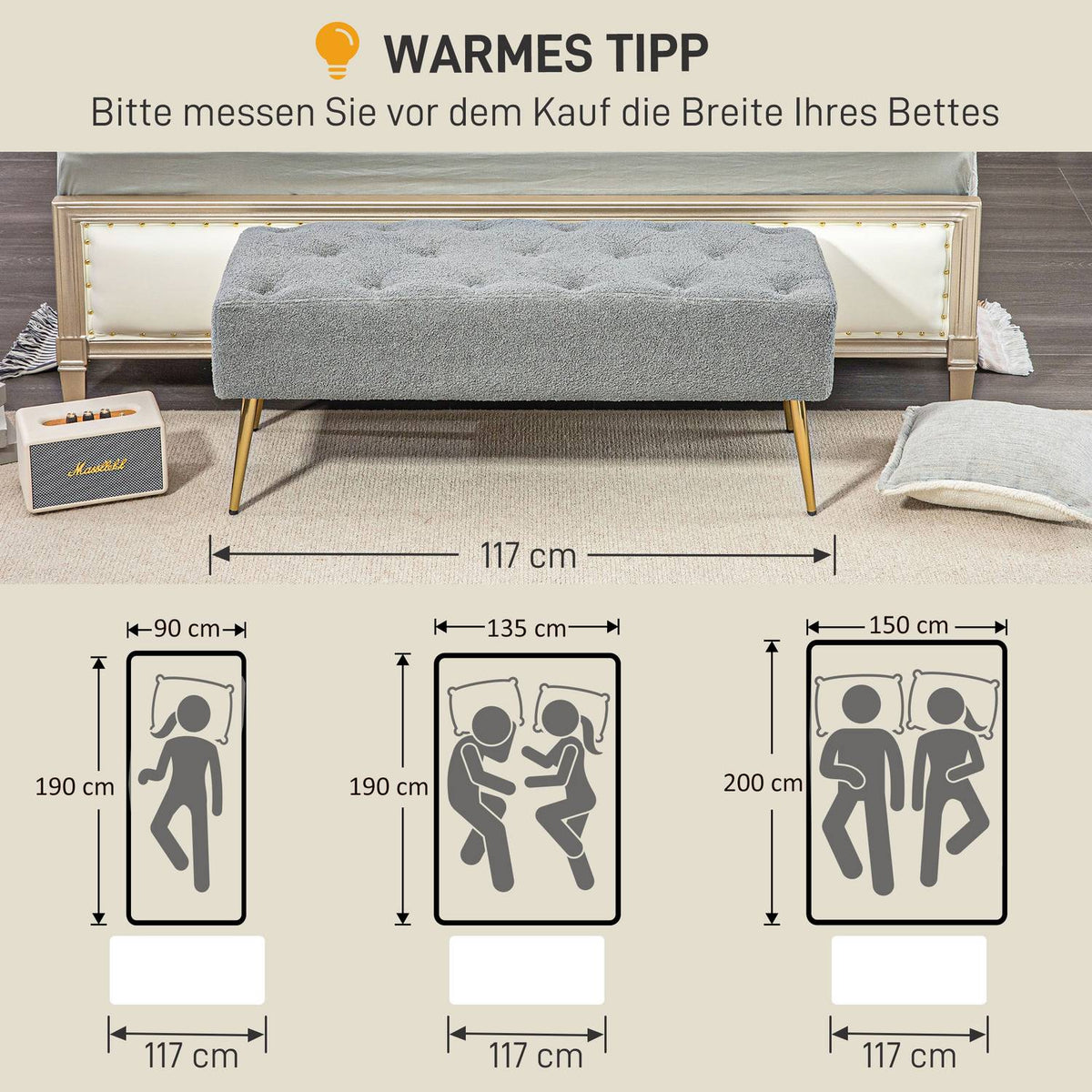 Bench upholstered bench with lambswool look, button stitching, bed bench with steel legs, for bedroom, living room, hallway, 112x41x46cm, gray